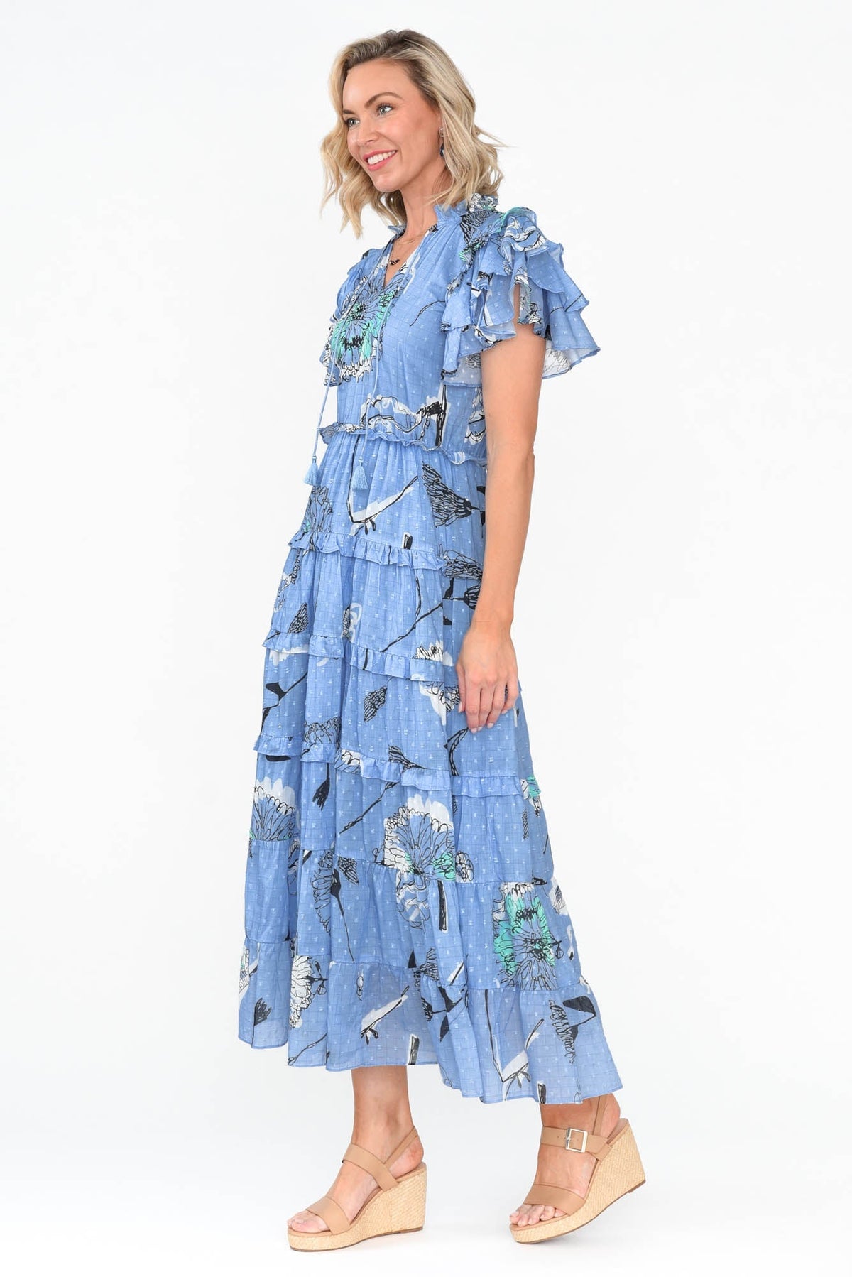 Sana Blue Dandelion Cotton Frill Dress Back View
