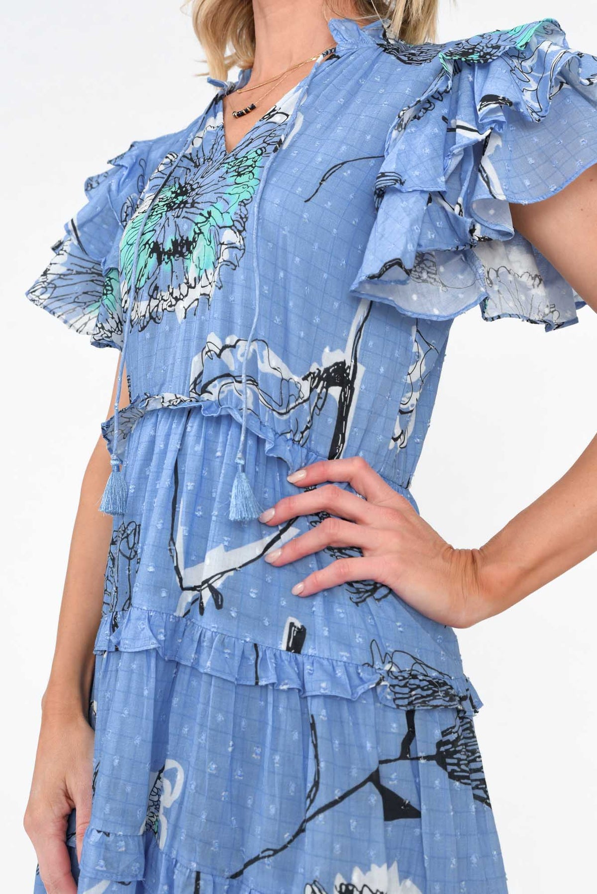 Sana Blue Dandelion Cotton Frill Dress Detail View