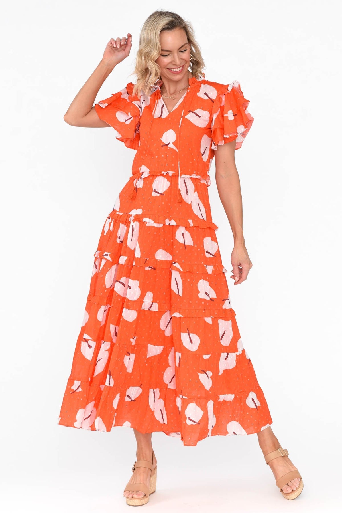 Sana Sunset Petals Cotton Frill Dress Full Length View