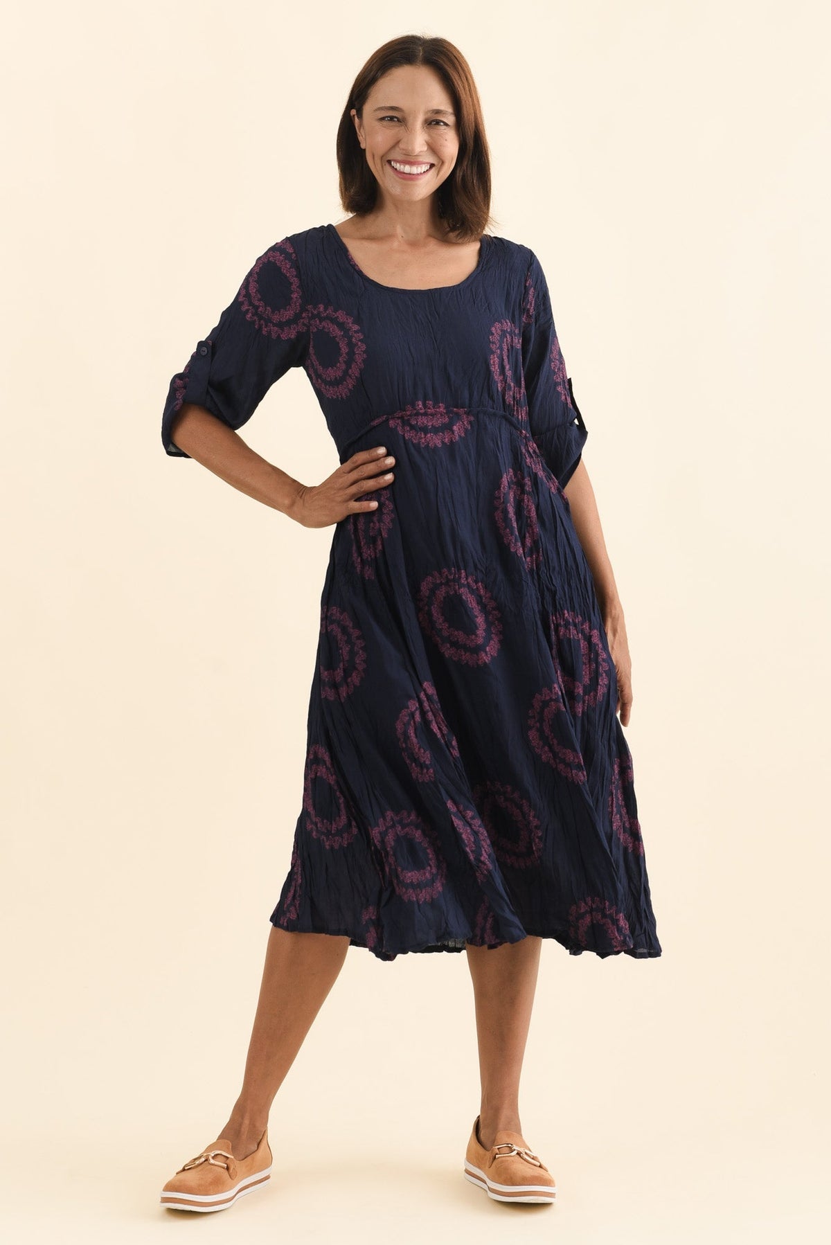 Sapporo Pink Circle Cotton Blend Crescent Dress Full Length View