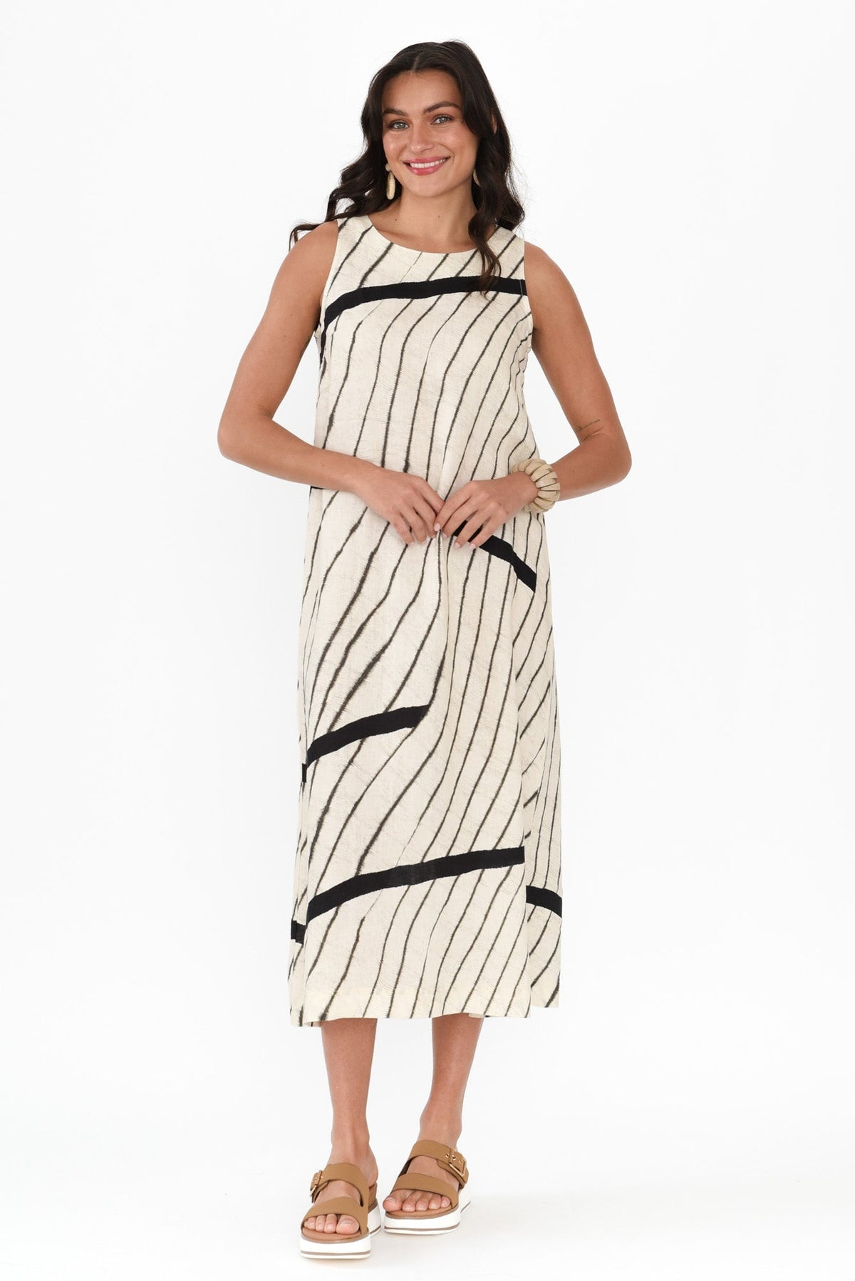 Sasha Black Stripe Linen Dress Full Length View