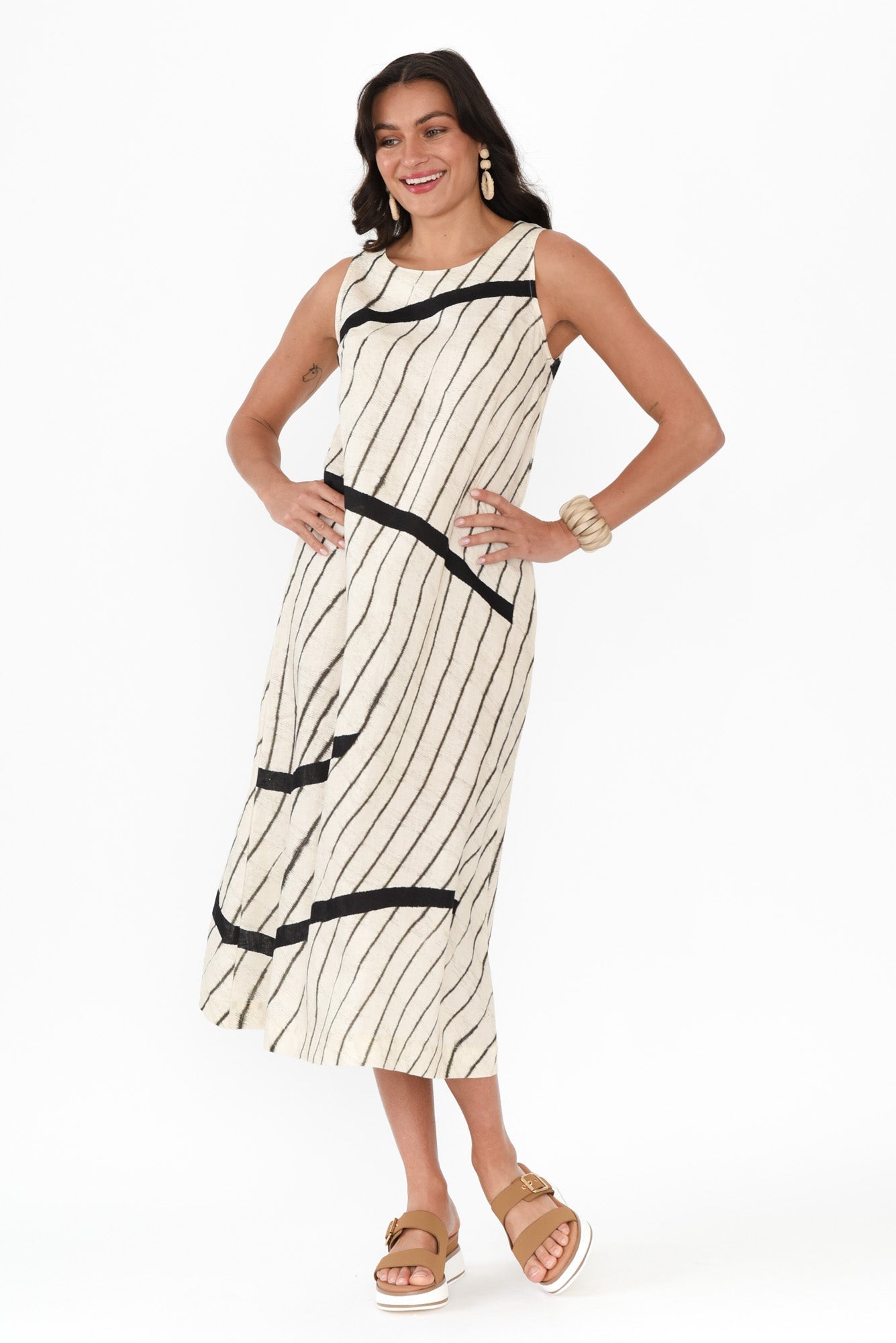 Sasha Black Stripe Linen Dress Front View 2