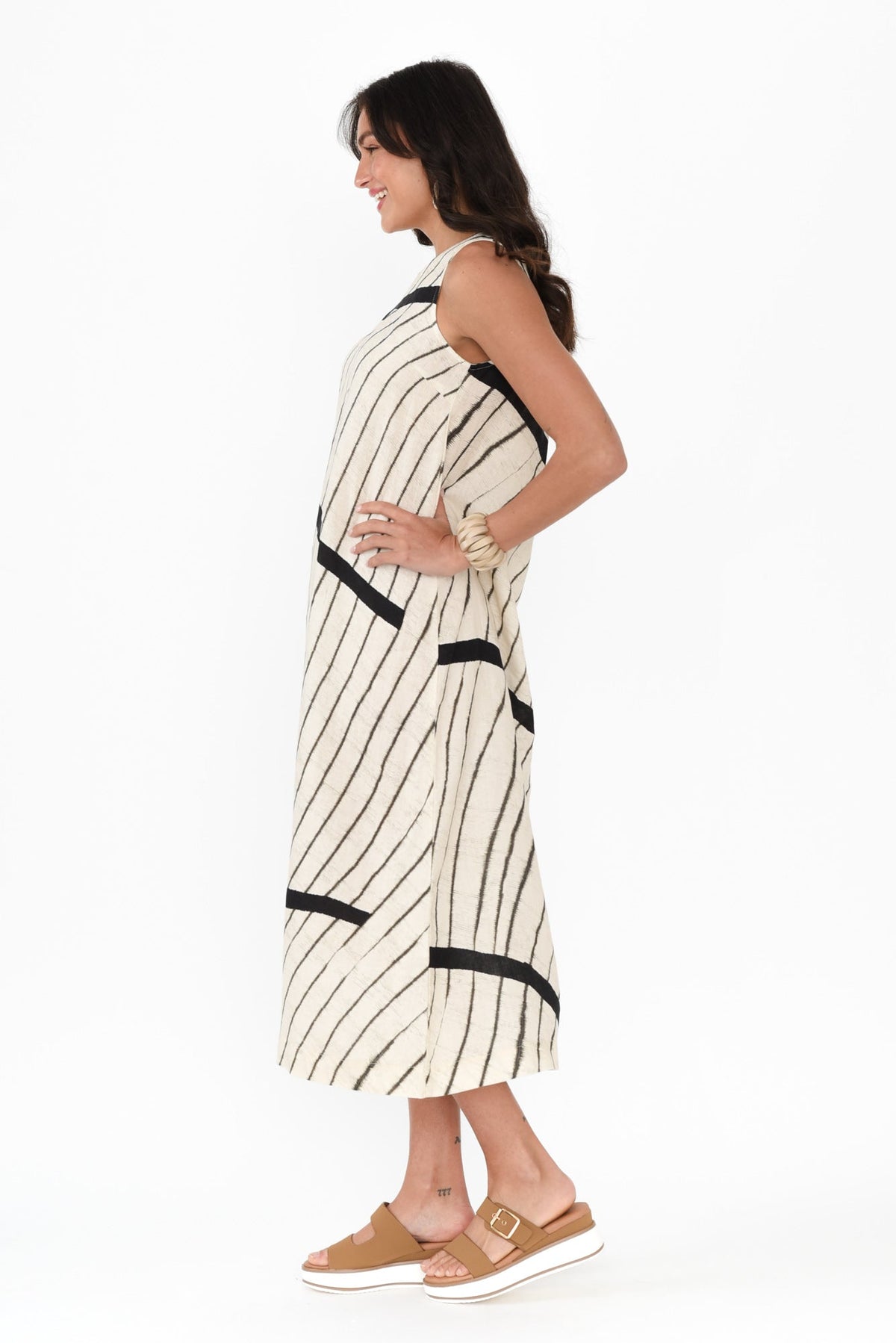 Sasha Black Stripe Linen Dress Back View