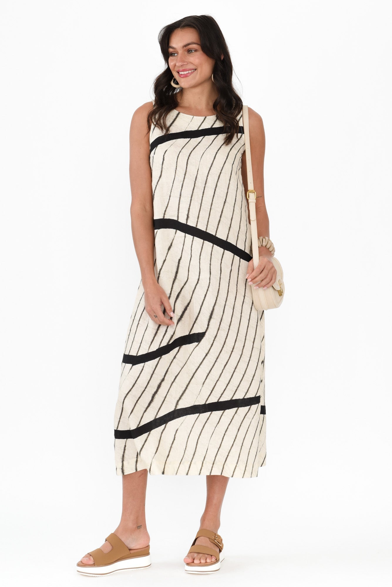 Sasha Black Stripe Linen Dress Front View