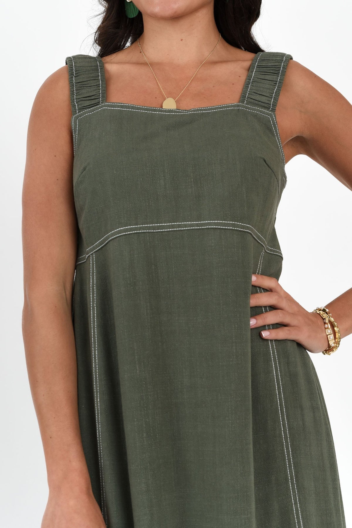 Saylor Khaki Contrast Linen Blend Dress Full Length View