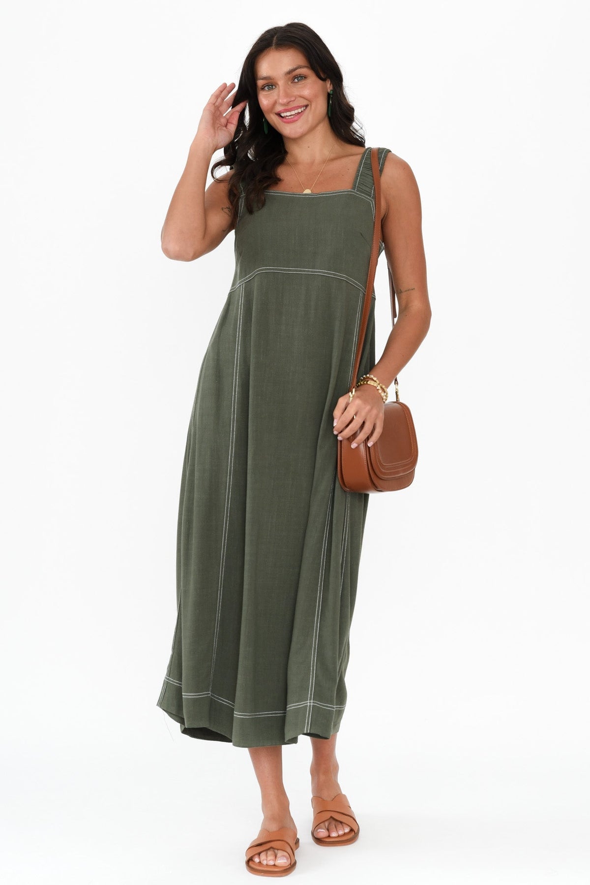 Saylor Khaki Contrast Linen Blend Dress Back View