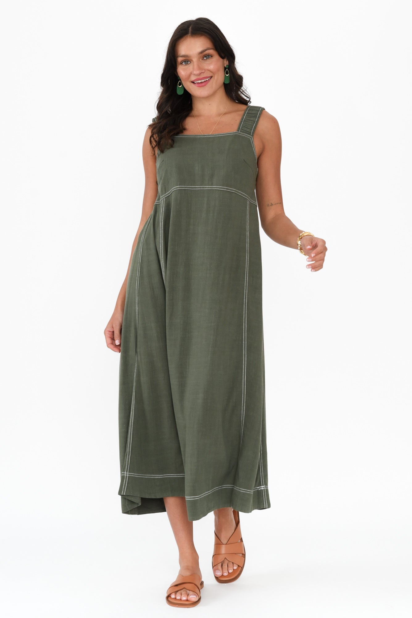 Saylor Khaki Contrast Linen Blend Dress Front View