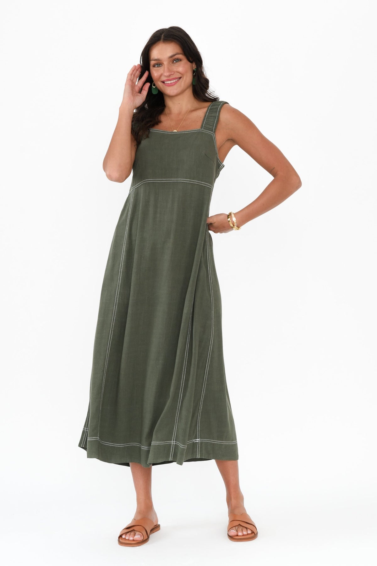 Saylor Khaki Contrast Linen Blend Dress Back View 2
