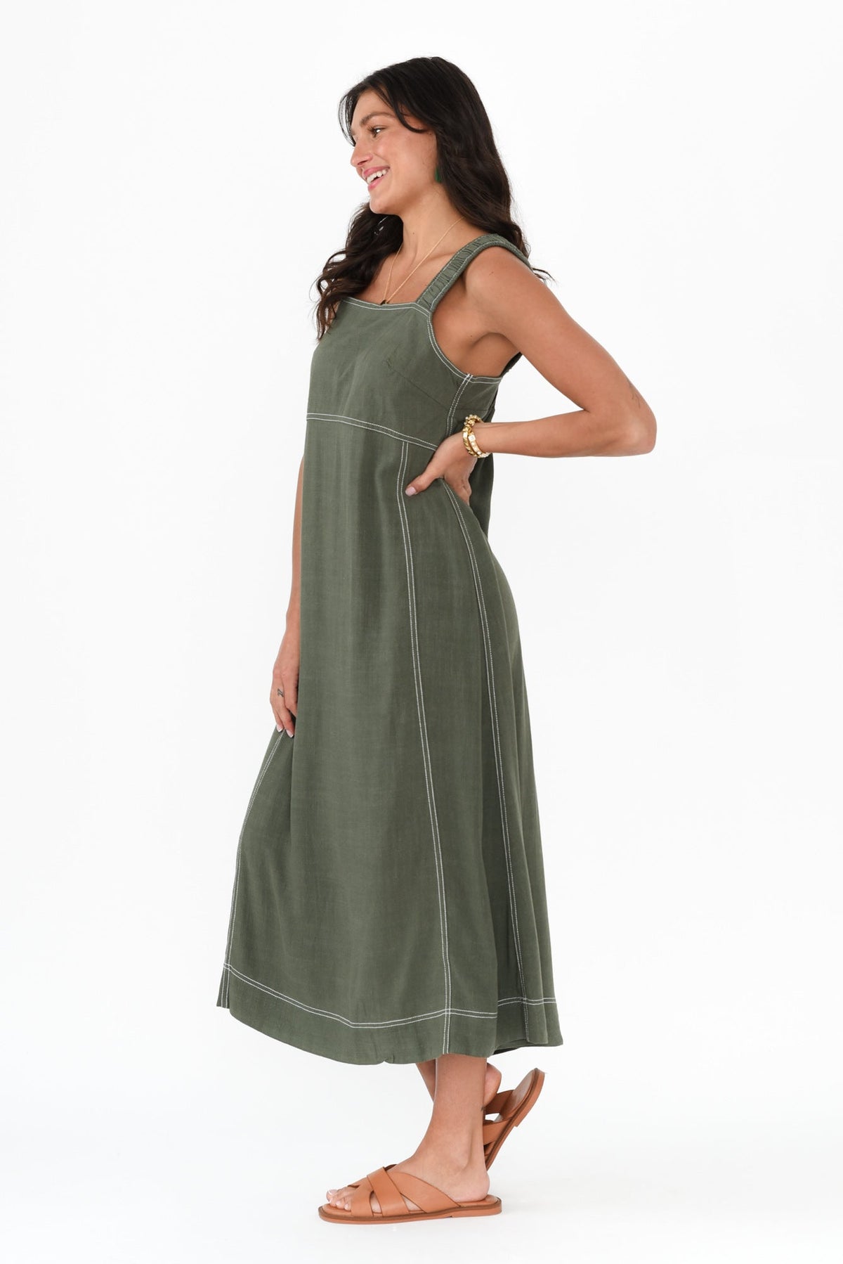 Saylor Khaki Contrast Linen Blend Dress Side View