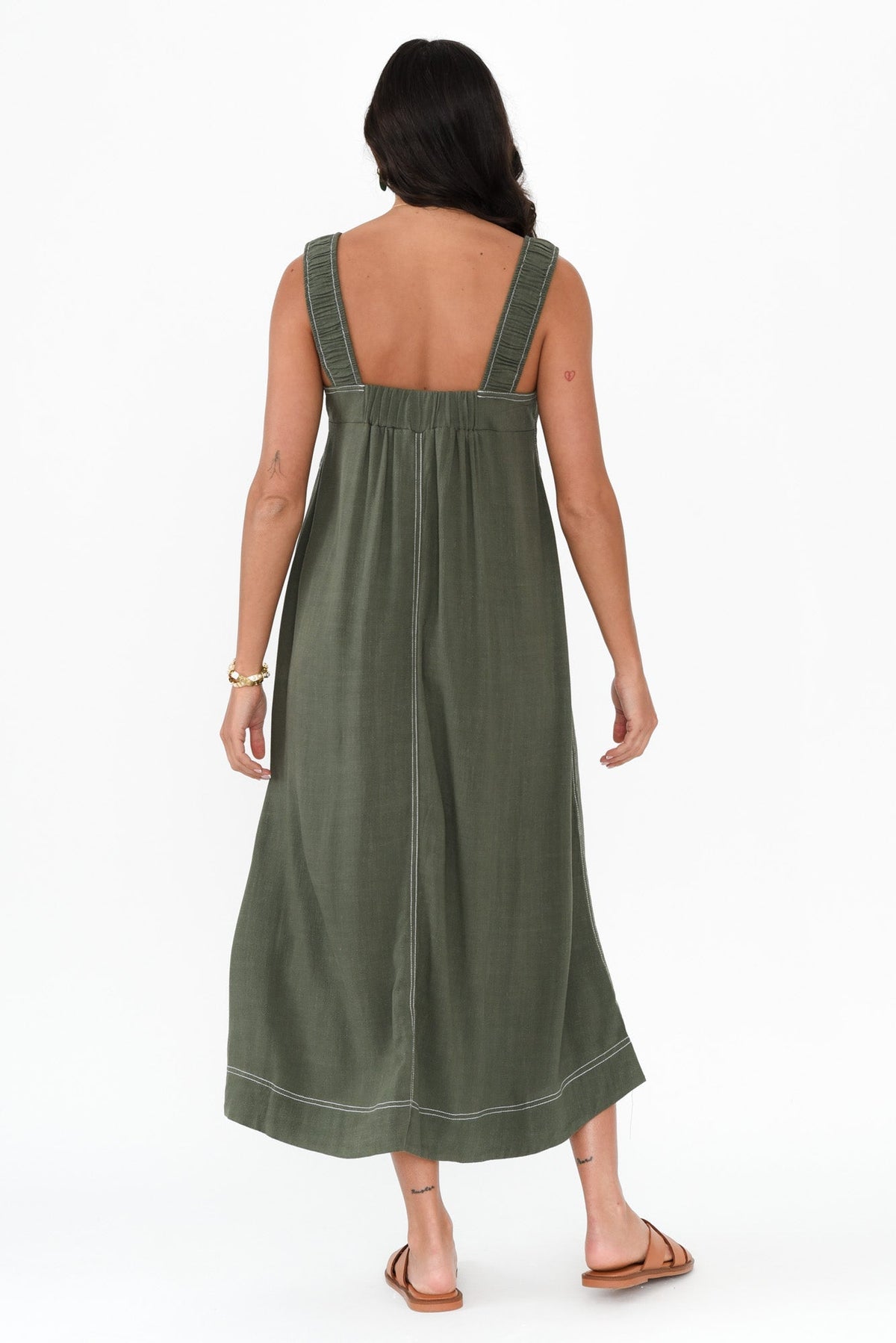 Saylor Khaki Contrast Linen Blend Dress Detail View
