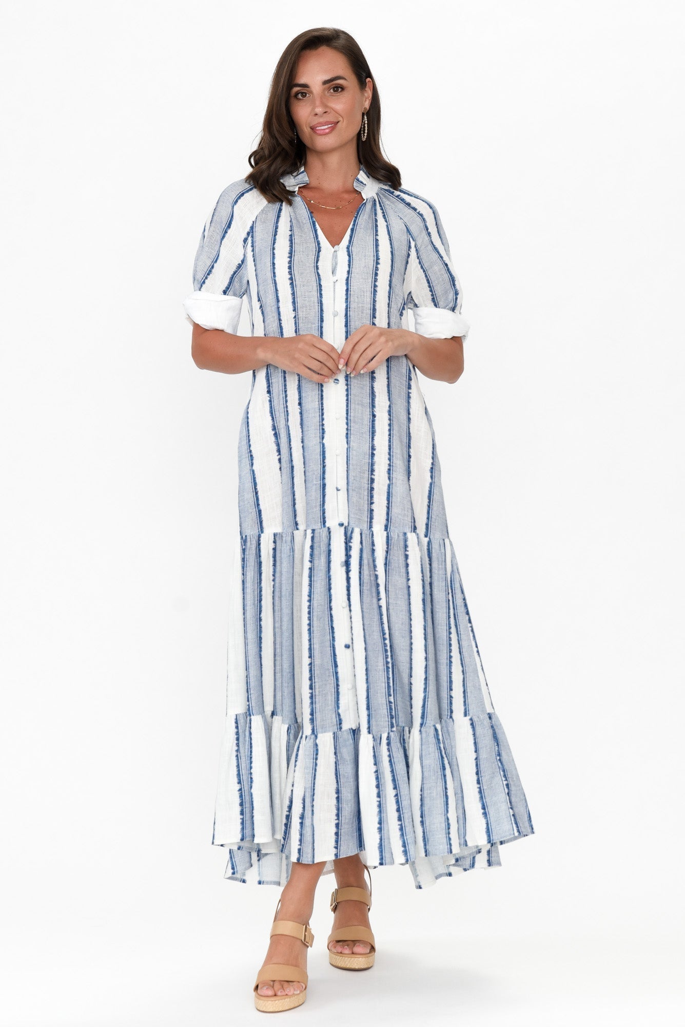 Scala Blue Stripe Linen Blend Dress Front View