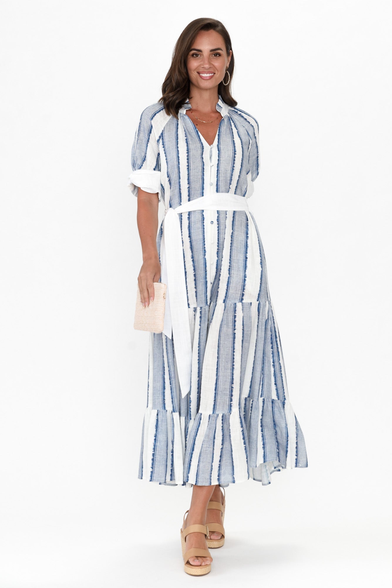 Scala Blue Stripe Linen Blend Dress Front View 2