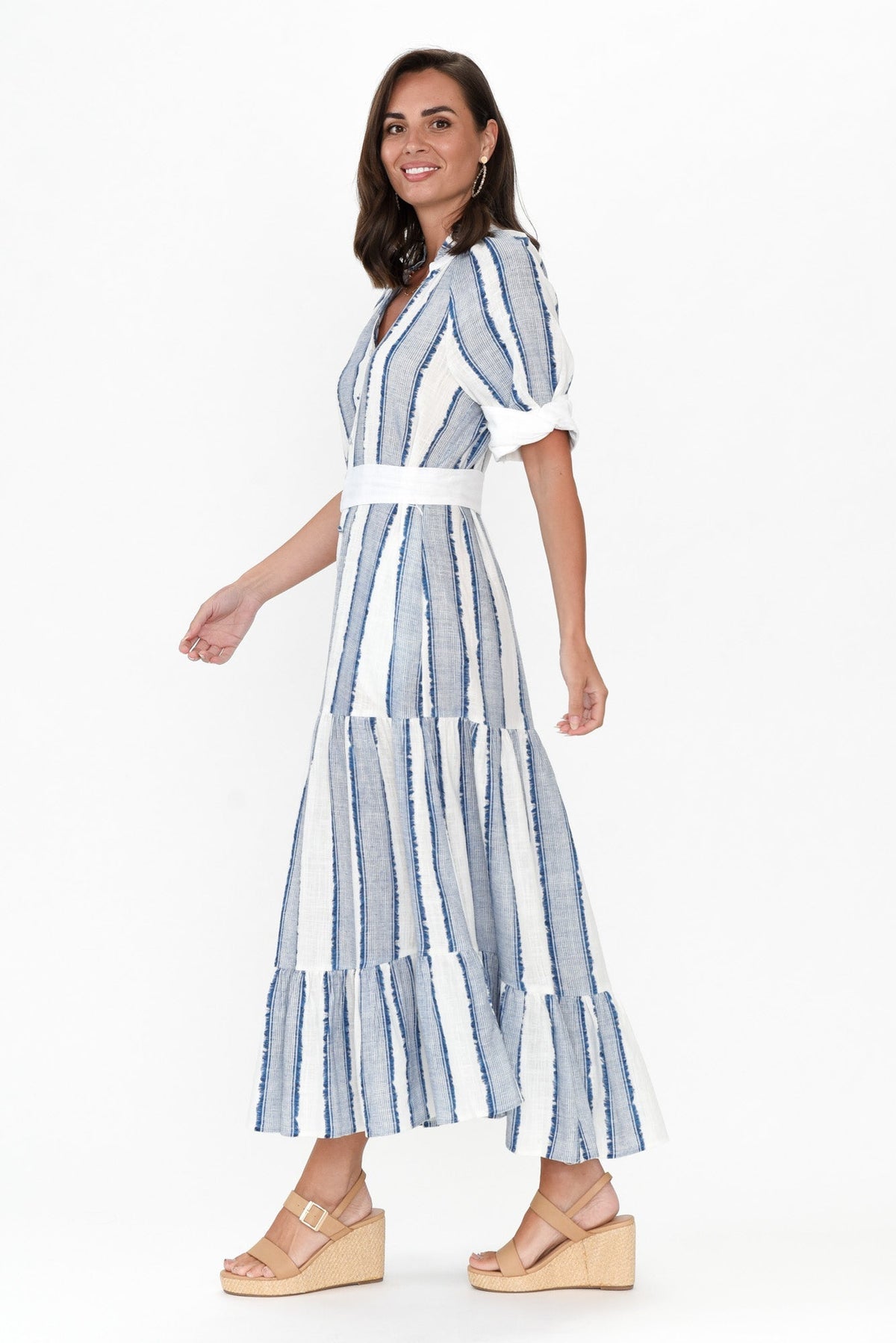 Scala Blue Stripe Linen Blend Dress Back View