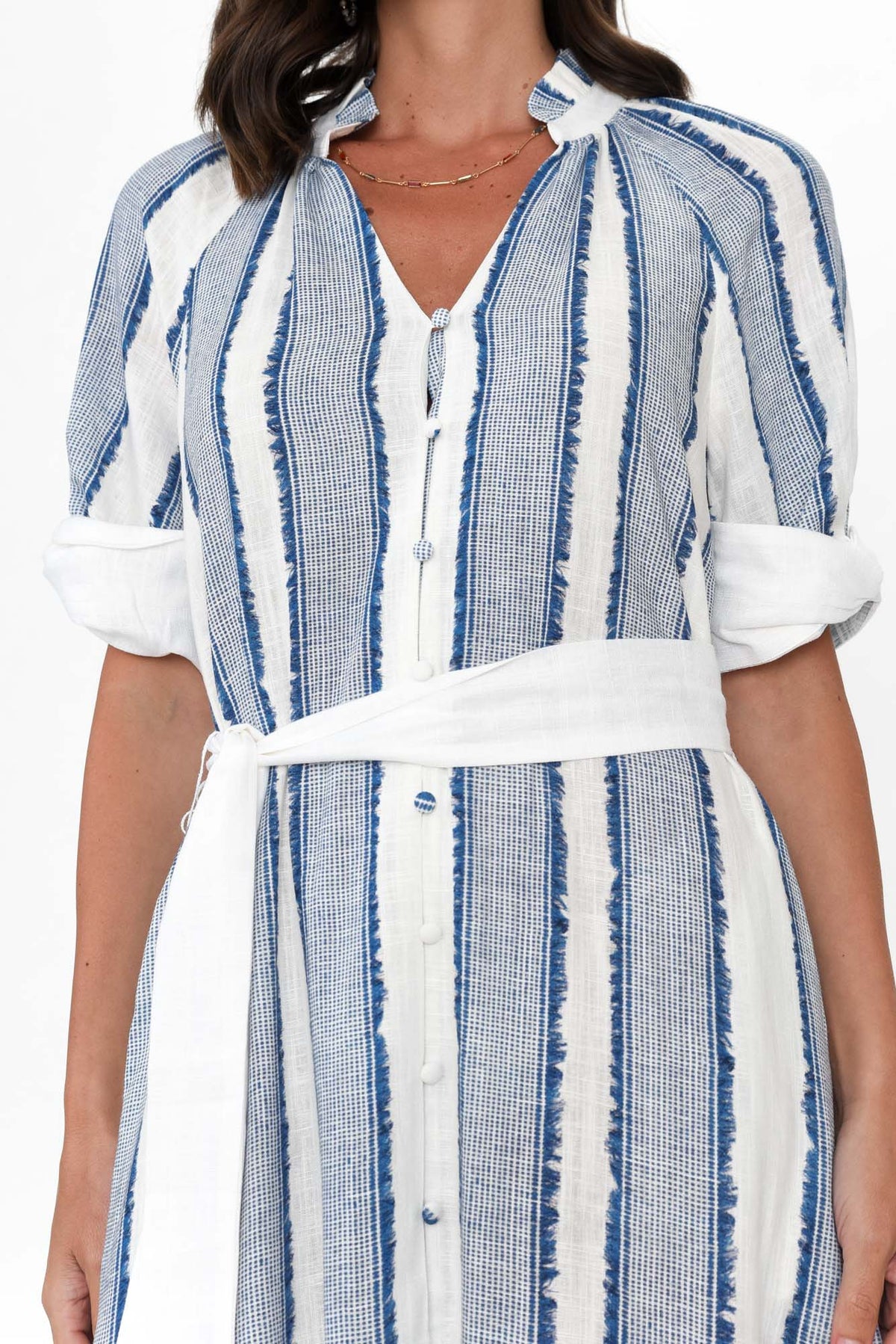 Scala Blue Stripe Linen Blend Dress Detail View