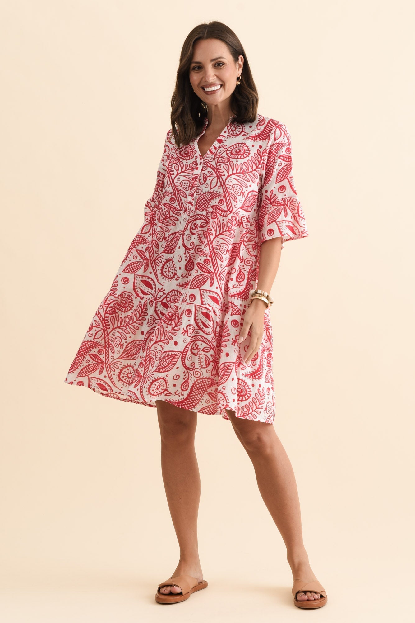 Senna Red Abstract Cotton Dress Front View