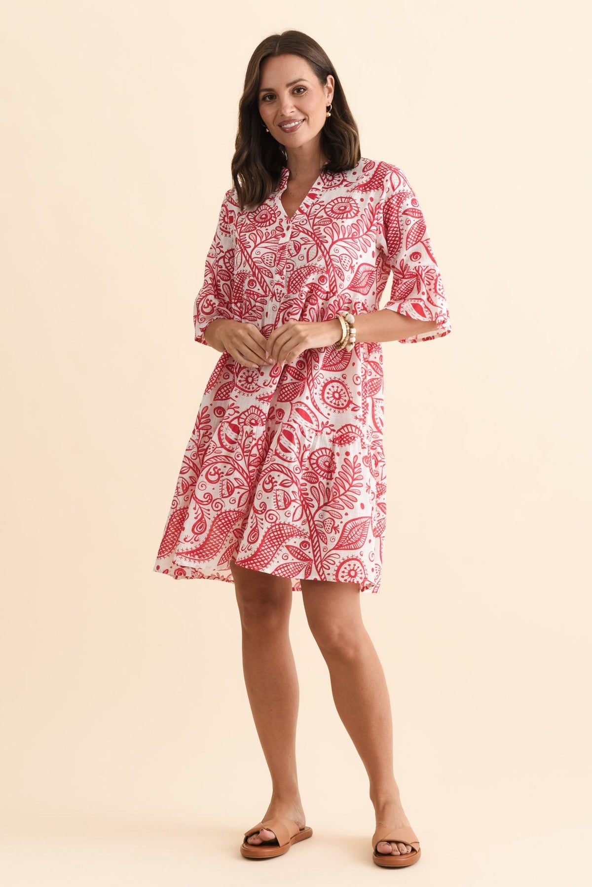Senna Red Abstract Cotton Dress Full Length View