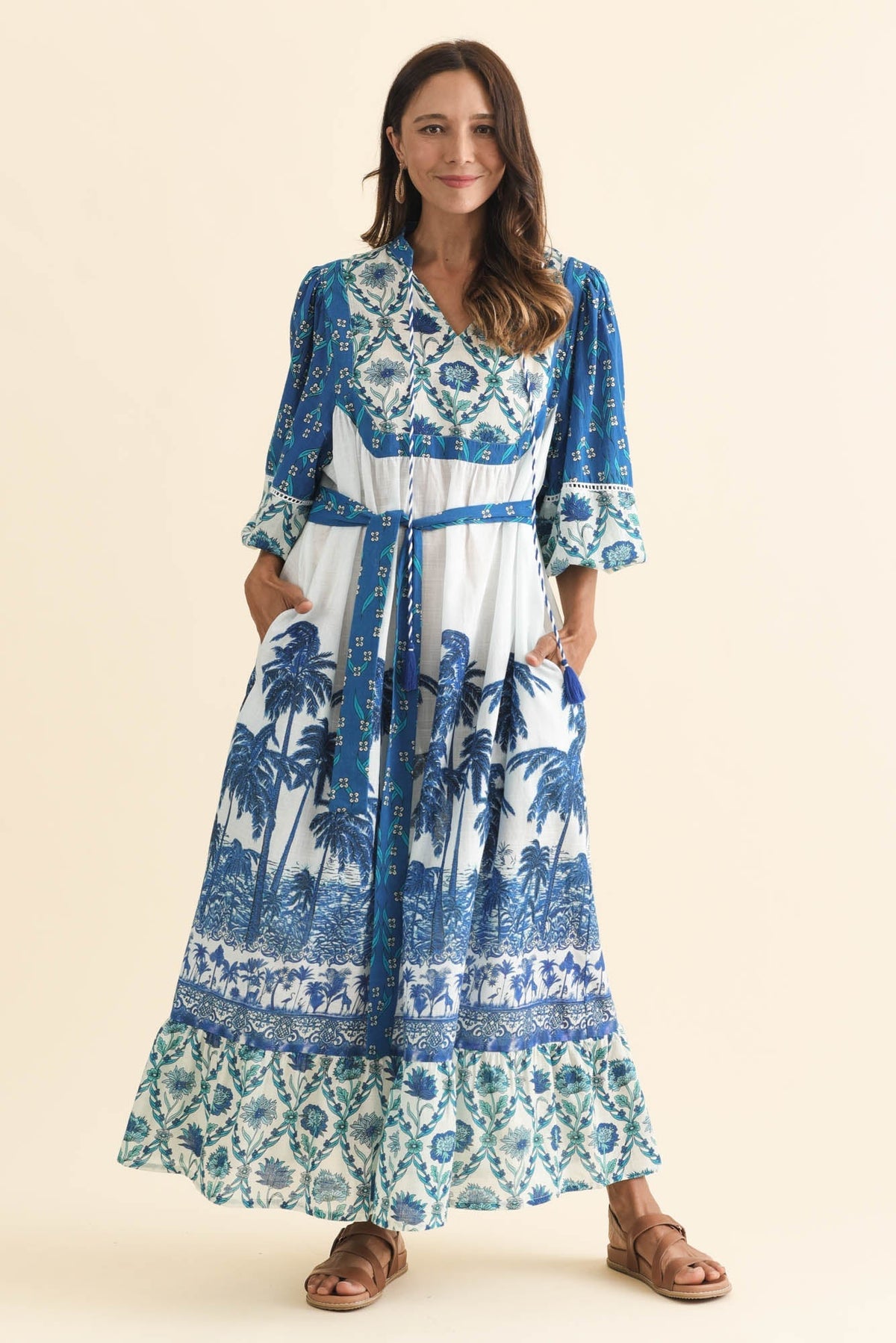 Shari Blue Tropical Cotton Dress Back View