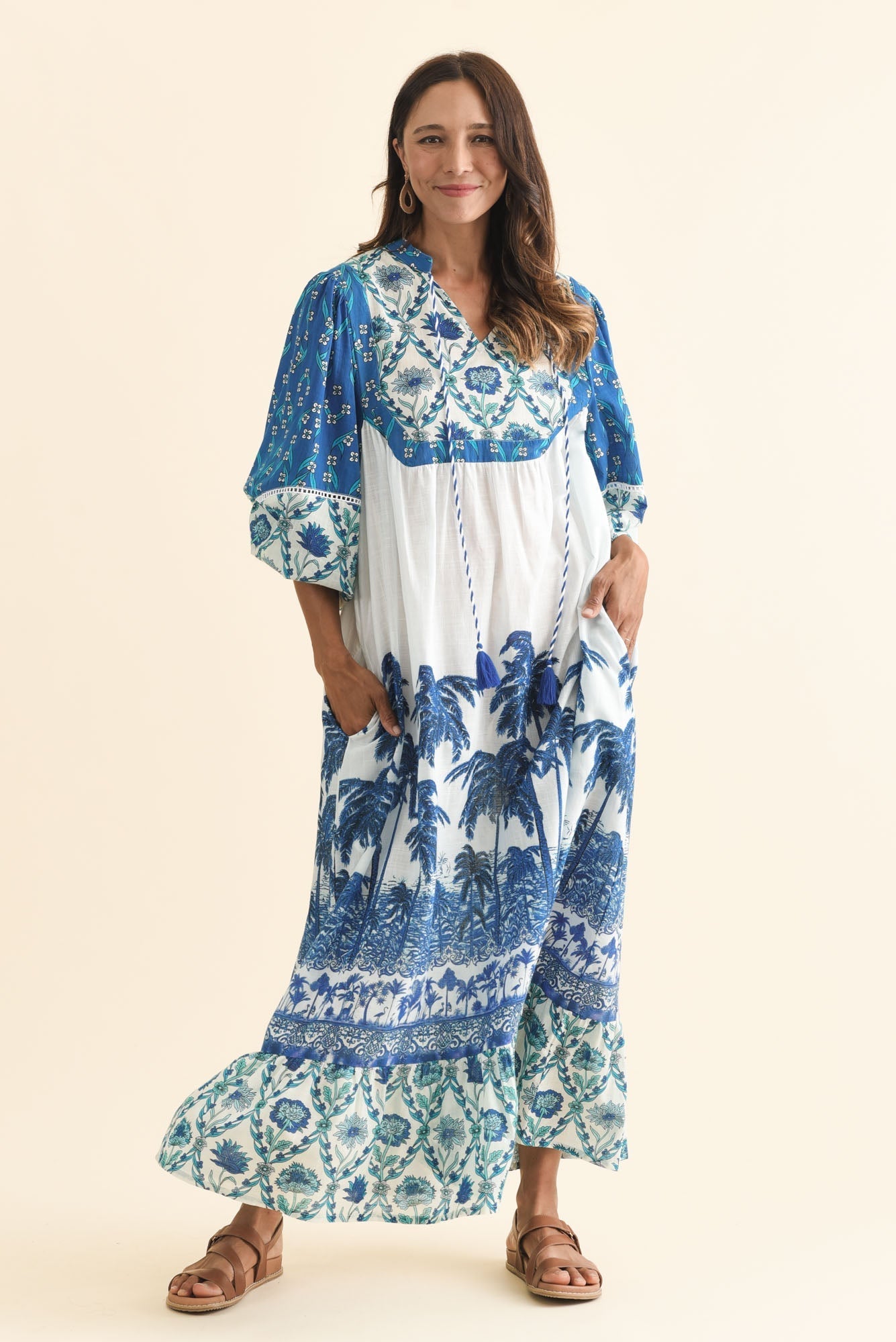 Shari Blue Tropical Cotton Dress Front View