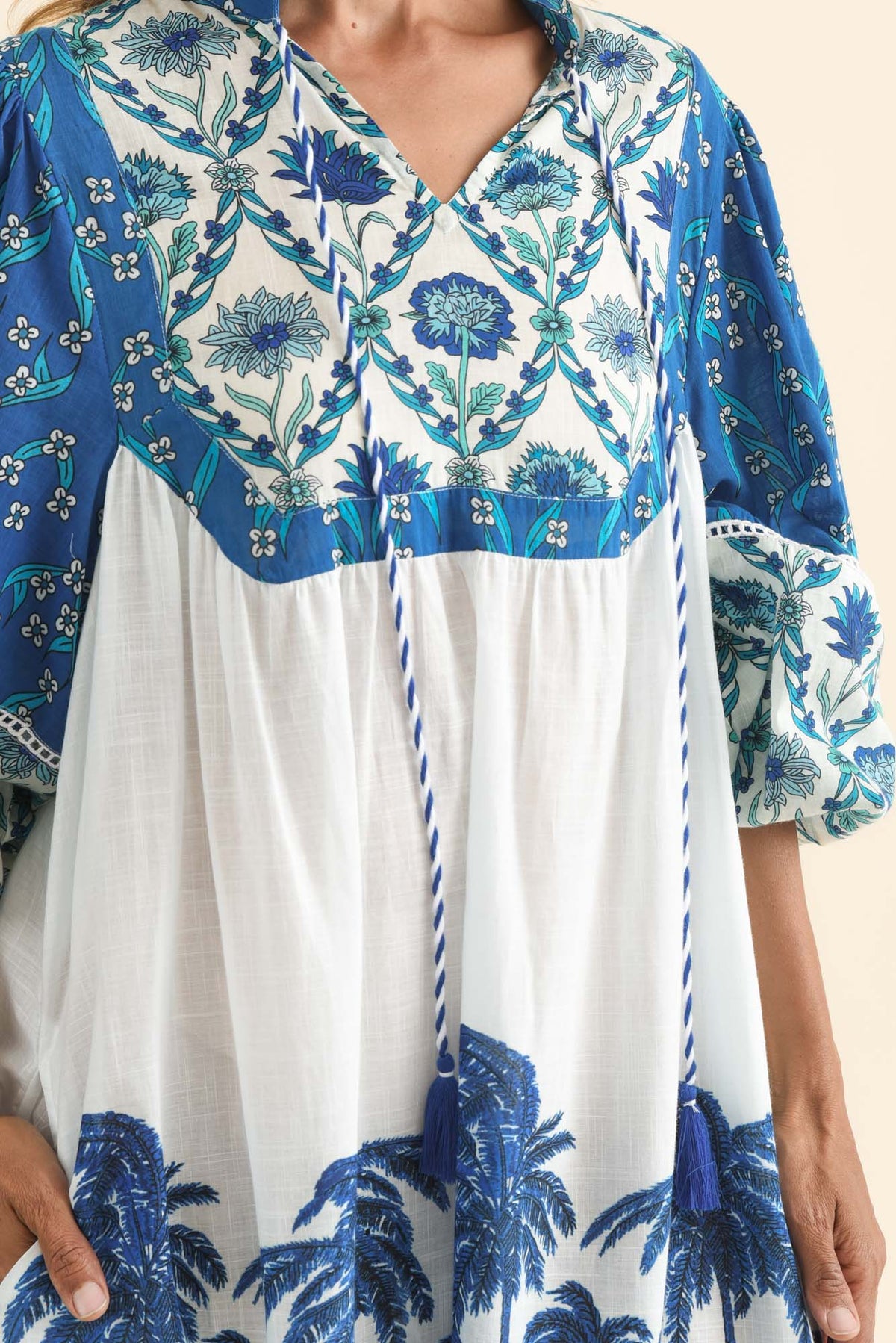 Shari Blue Tropical Cotton Dress Full Length View