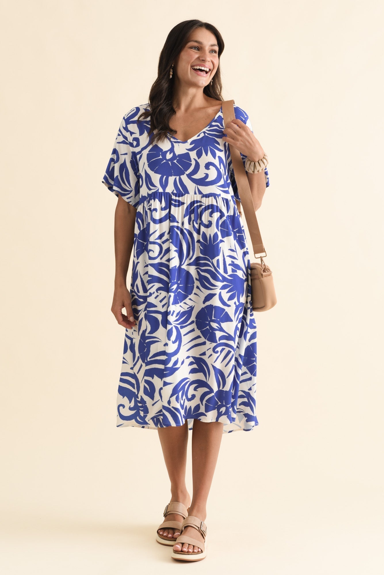 Sharlene Blue Botanical Midi Dress Front View