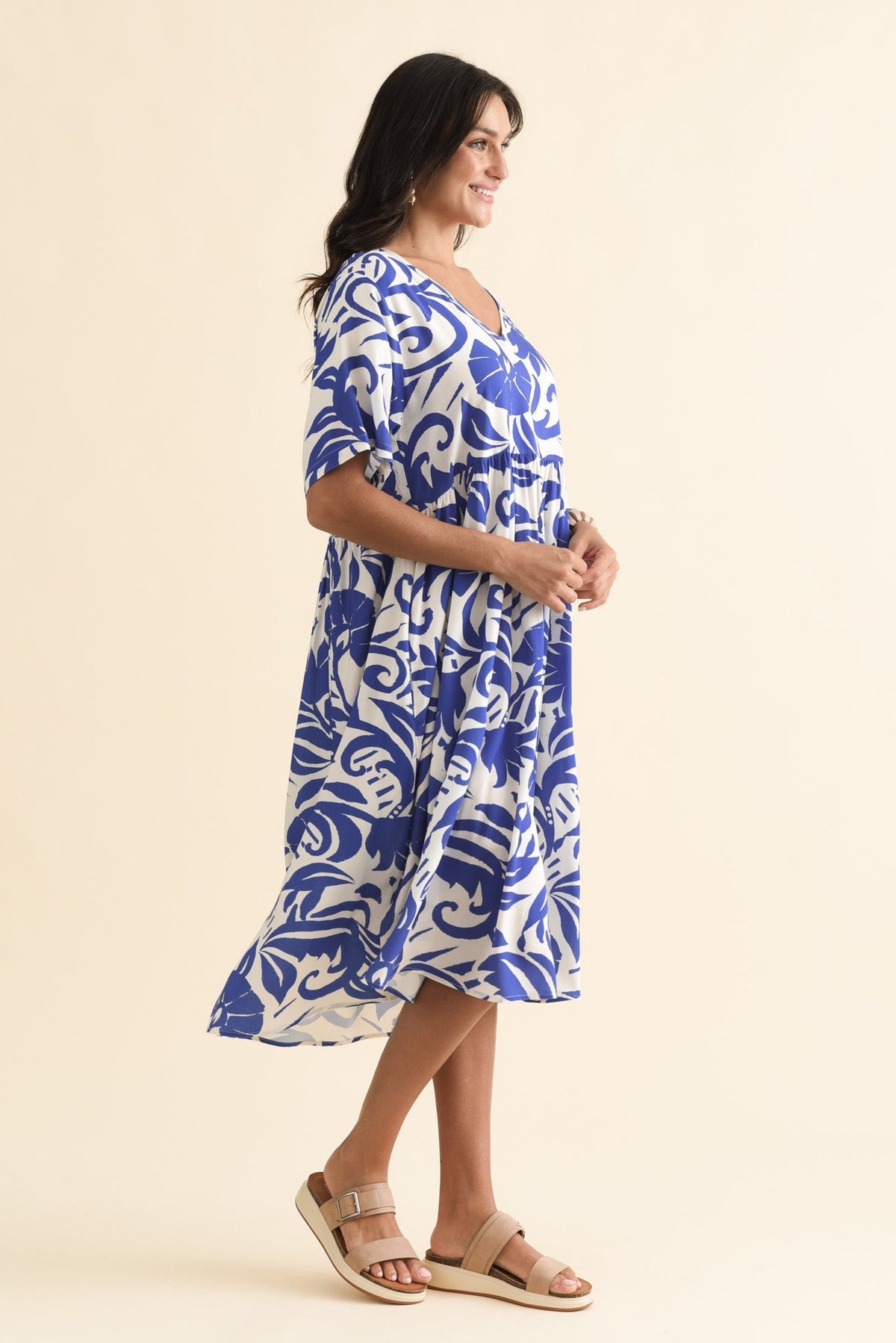 Sharlene Blue Botanical Midi Dress Side View