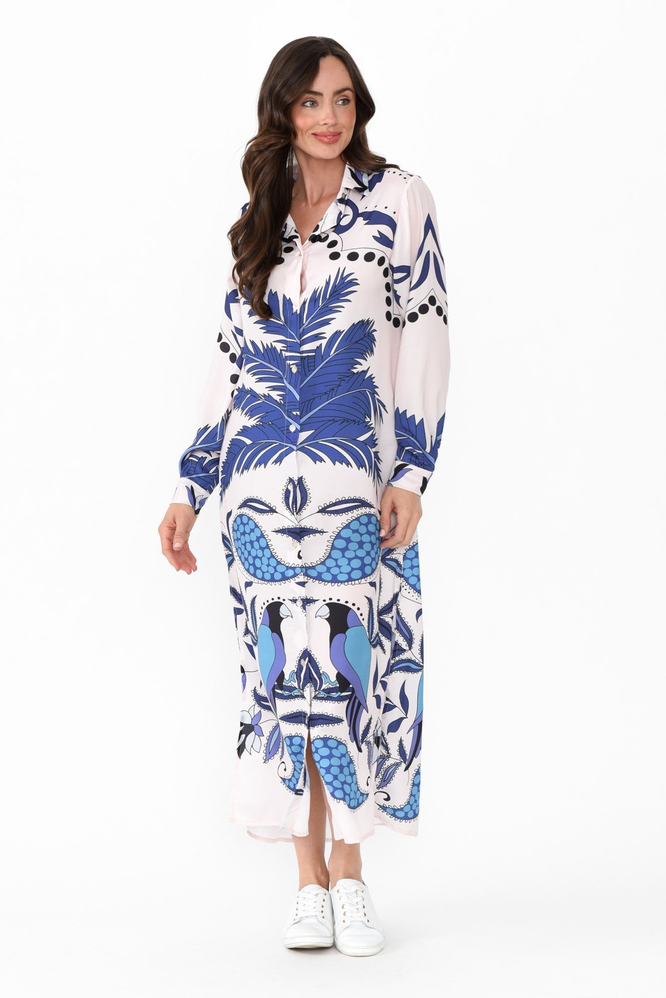 Shayli Blue Tropical Shirt Dress Front View 2