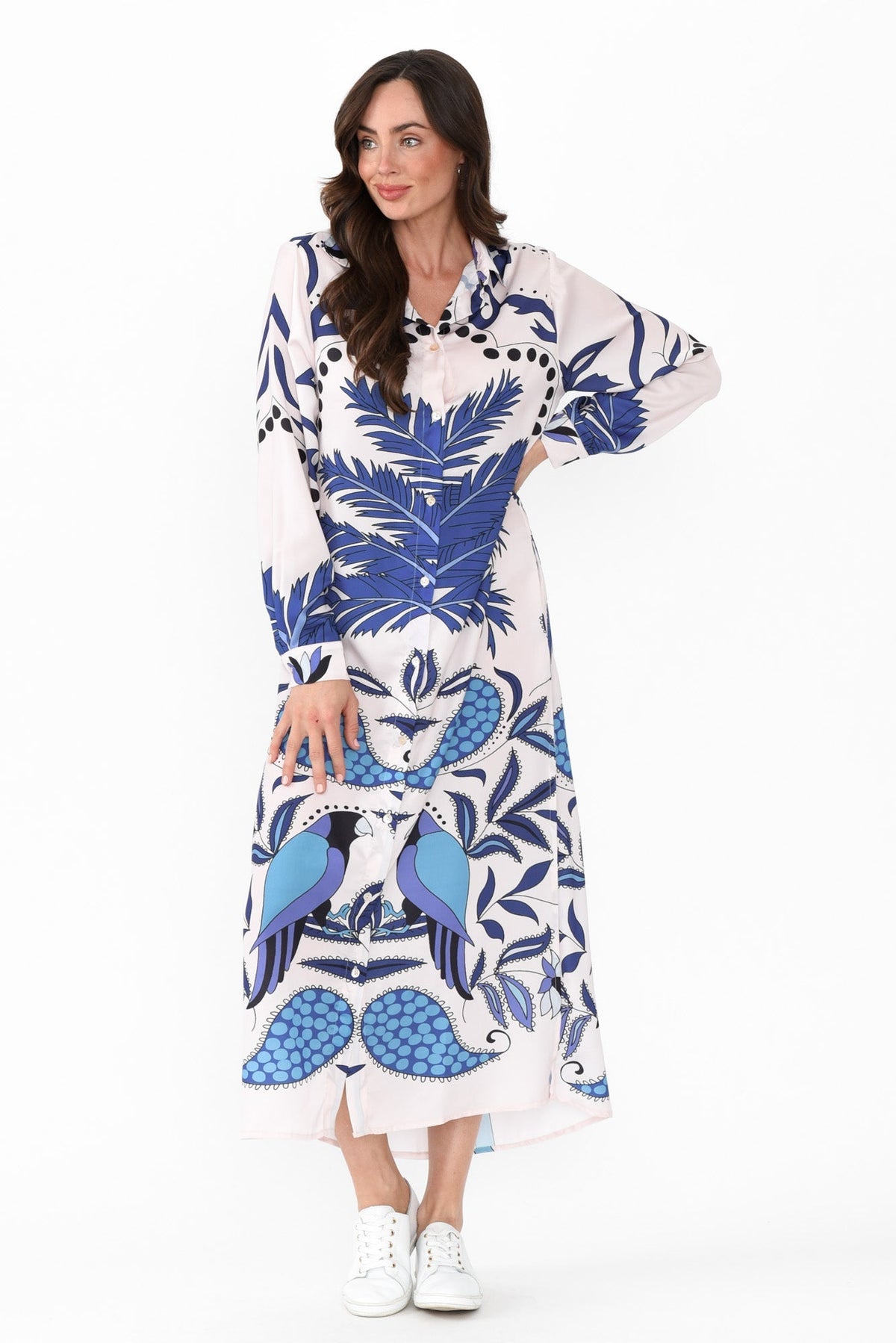 Shayli Blue Tropical Shirt Dress Back View