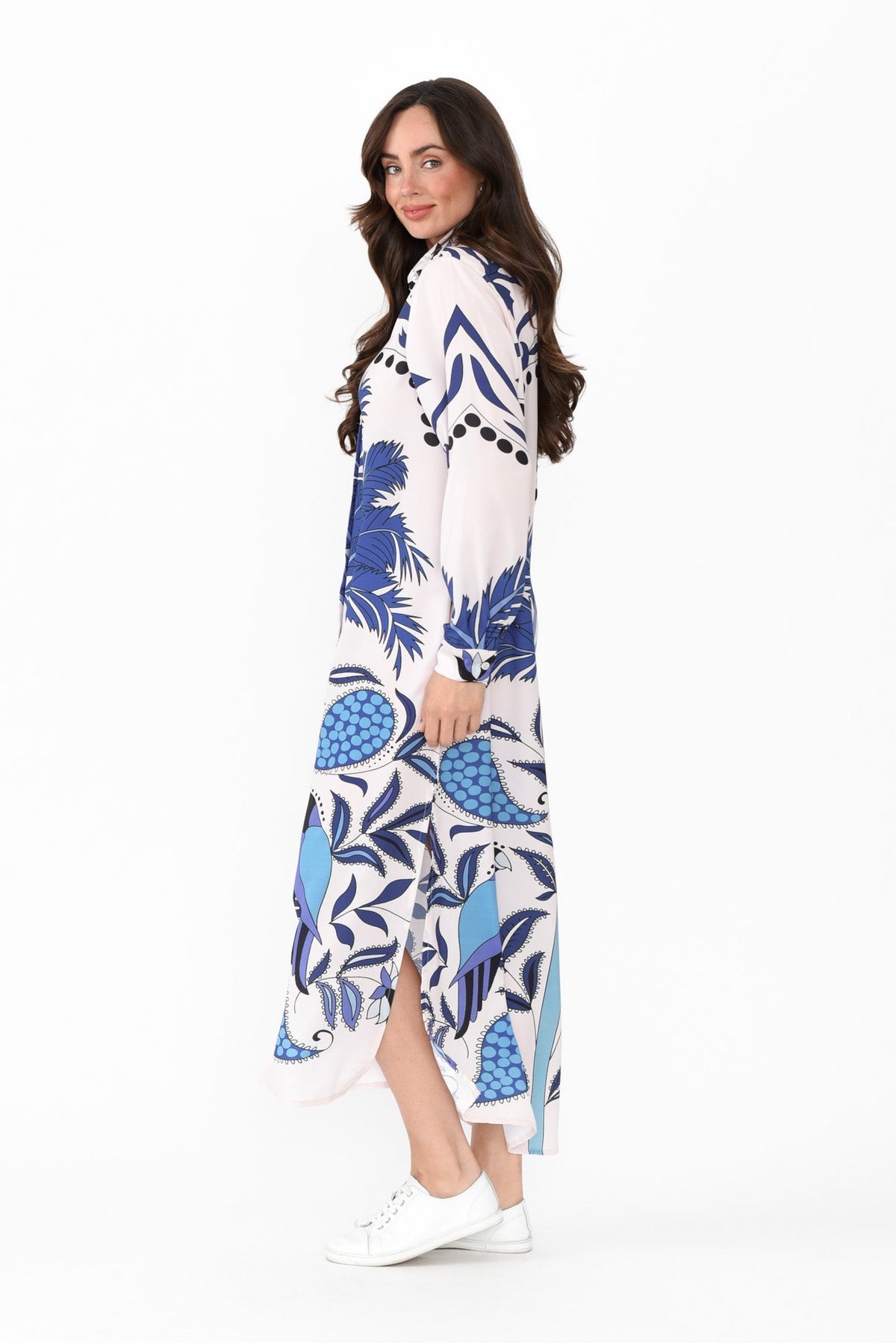 Shayli Blue Tropical Shirt Dress Side View