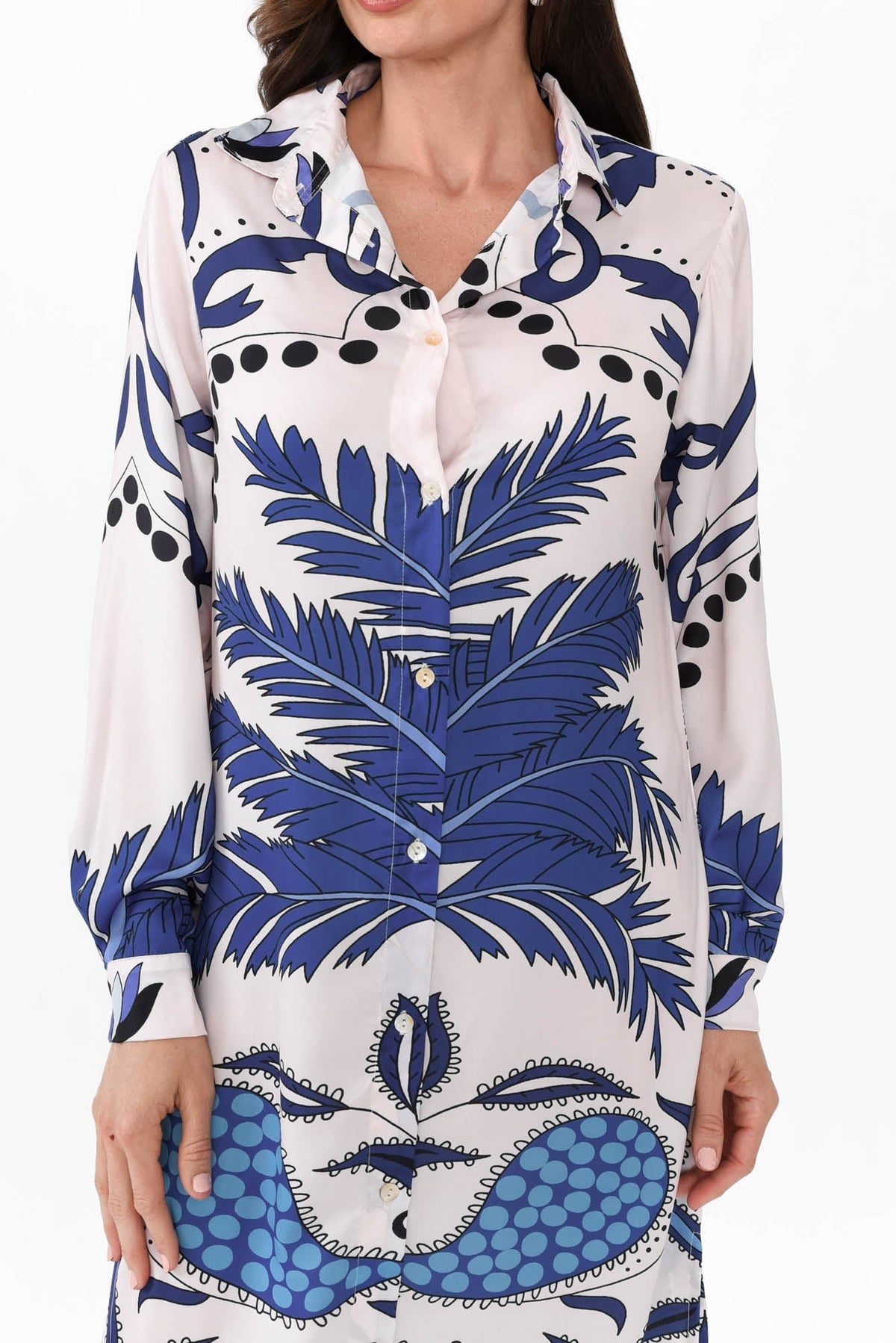 Shayli Blue Tropical Shirt Dress Full Length View