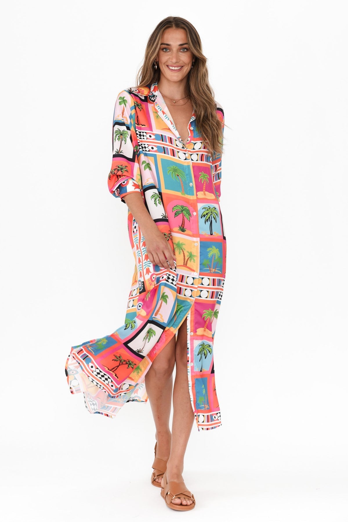 Shayli Pink Tropical Shirt Dress Back View
