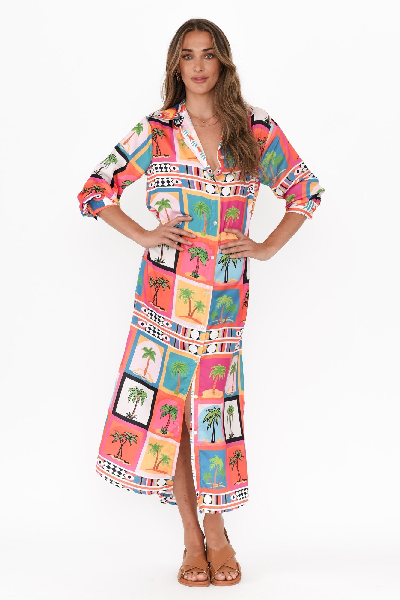 Shayli Pink Tropical Shirt Dress Front View 2