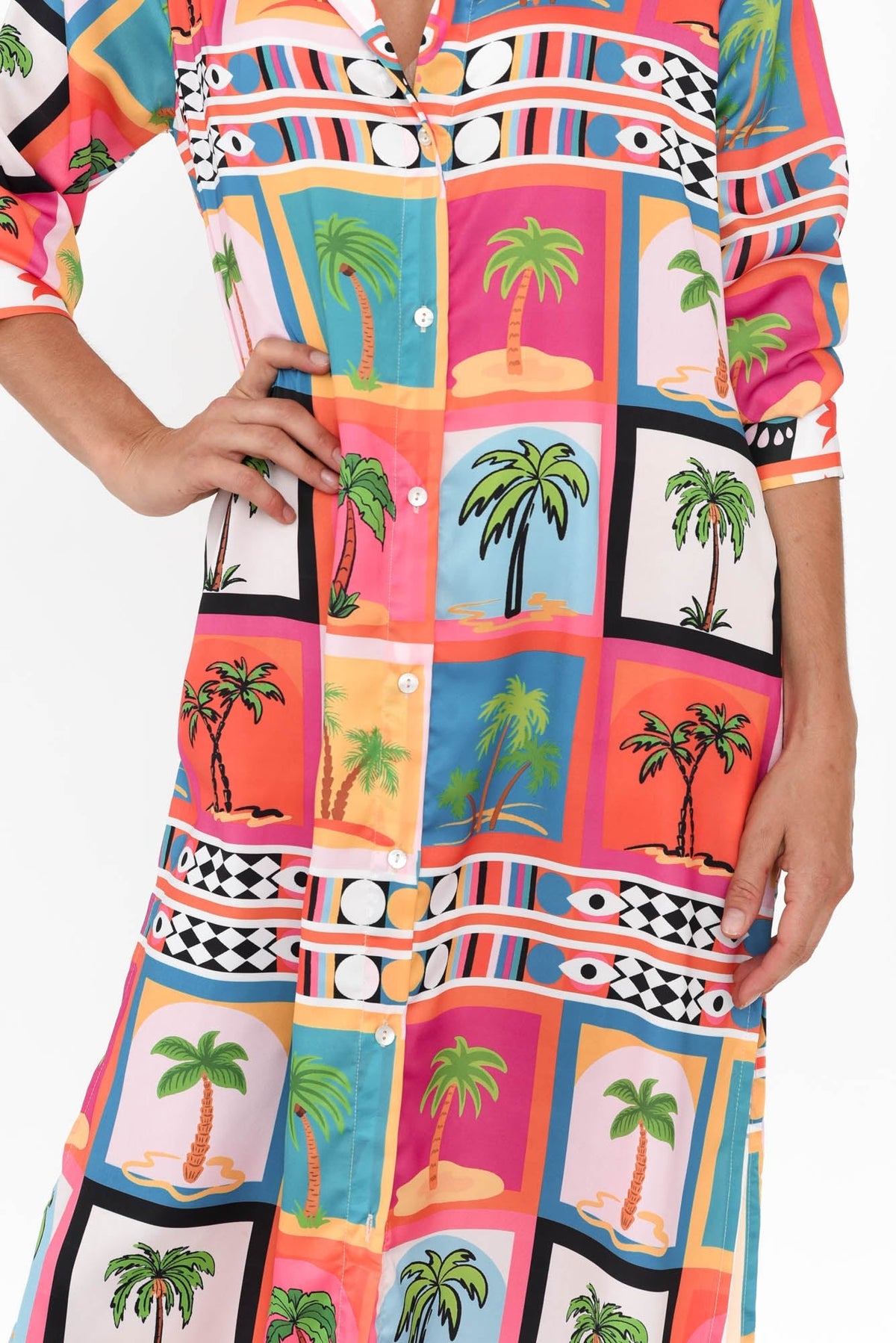 Shayli Pink Tropical Shirt Dress Detail View