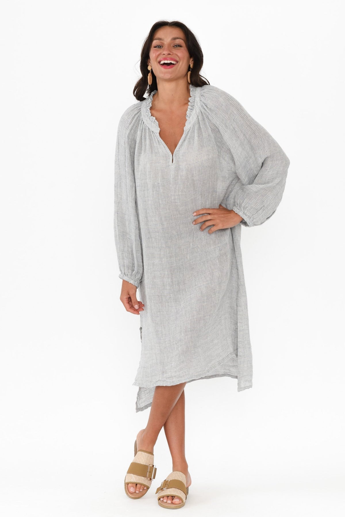 Sierra Light Blue Stripe Linen Midi Dress Front View
