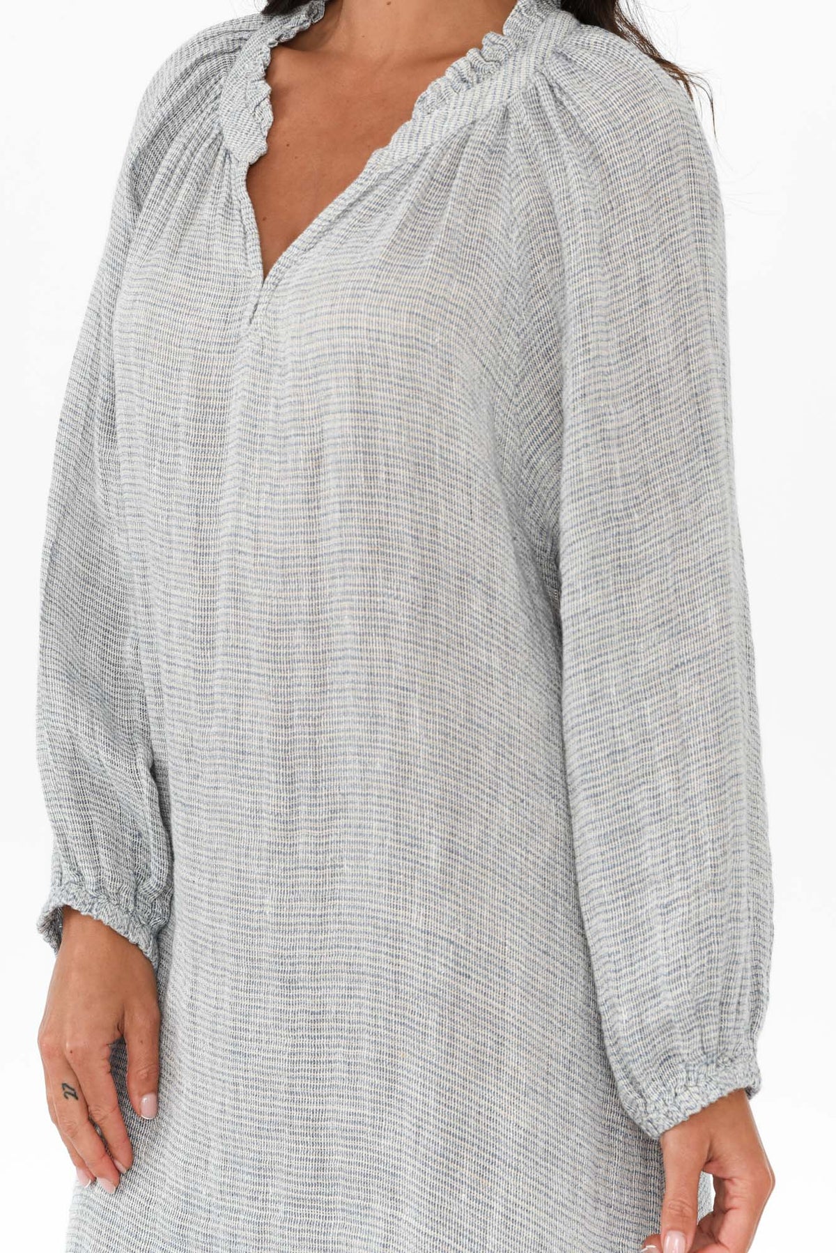 Sierra Light Blue Stripe Linen Midi Dress Detail View