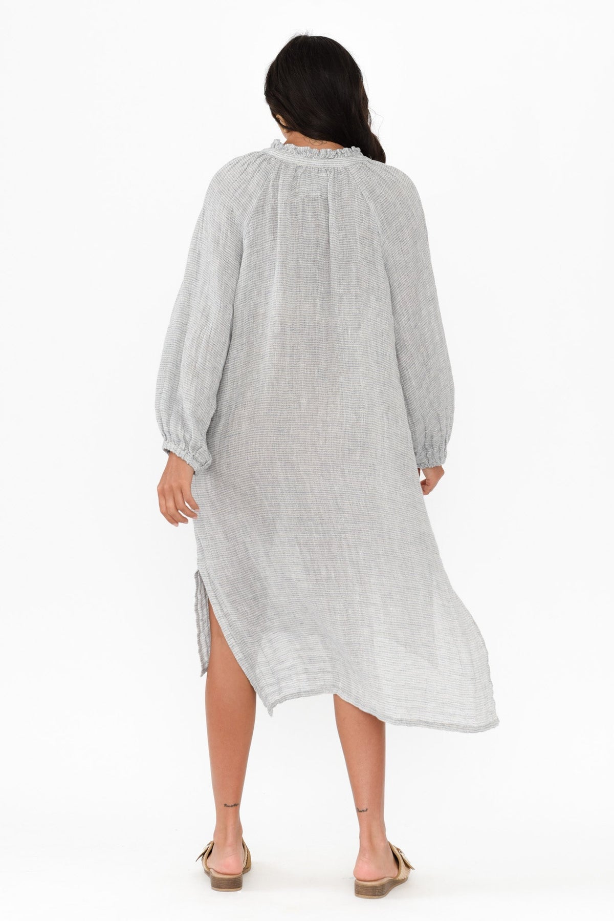 Sierra Light Blue Stripe Linen Midi Dress Side View