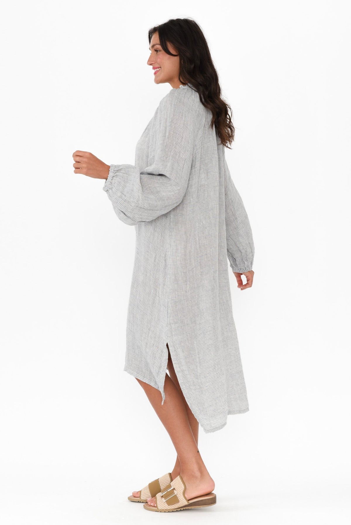 Sierra Light Blue Stripe Linen Midi Dress Back View