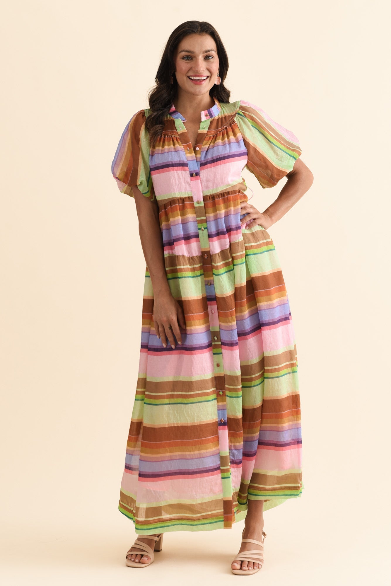 Siesta Pink Stripe Belted Dress Front View 2