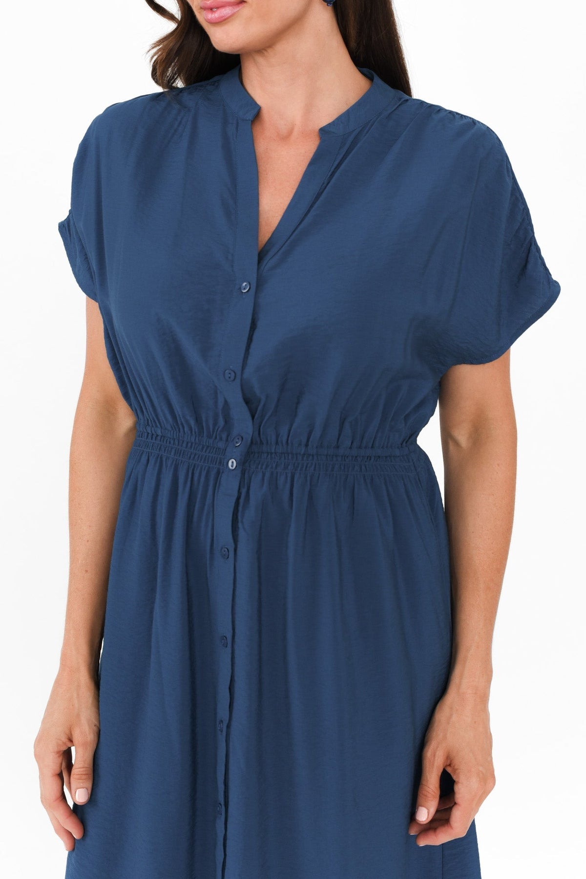 Simone Blue Button Dress Full Length View