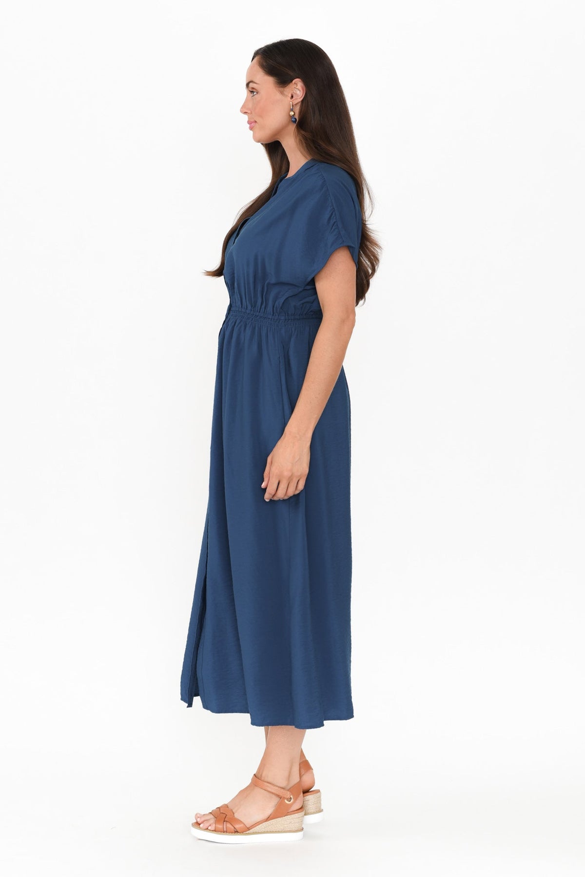 Simone Blue Button Dress Side View