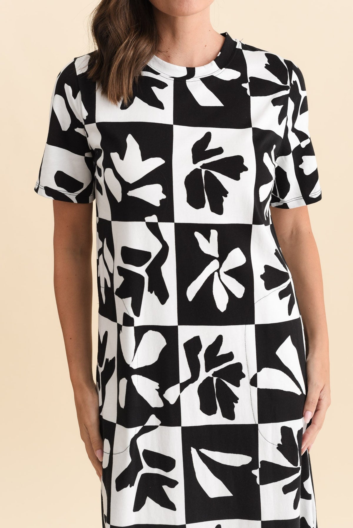 Splice Black Leaf Cotton Tee Dress Detail View