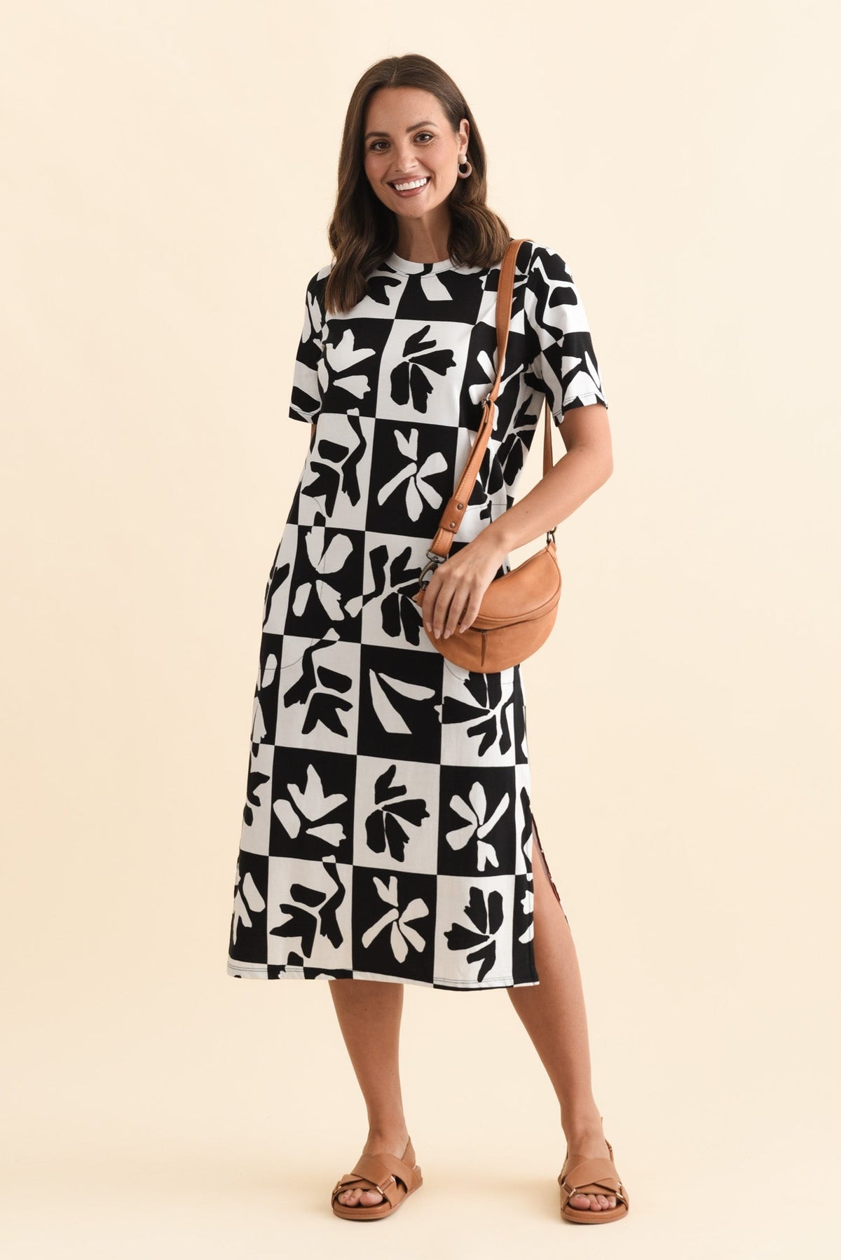 Splice Black Leaf Cotton Tee Dress Front View 2