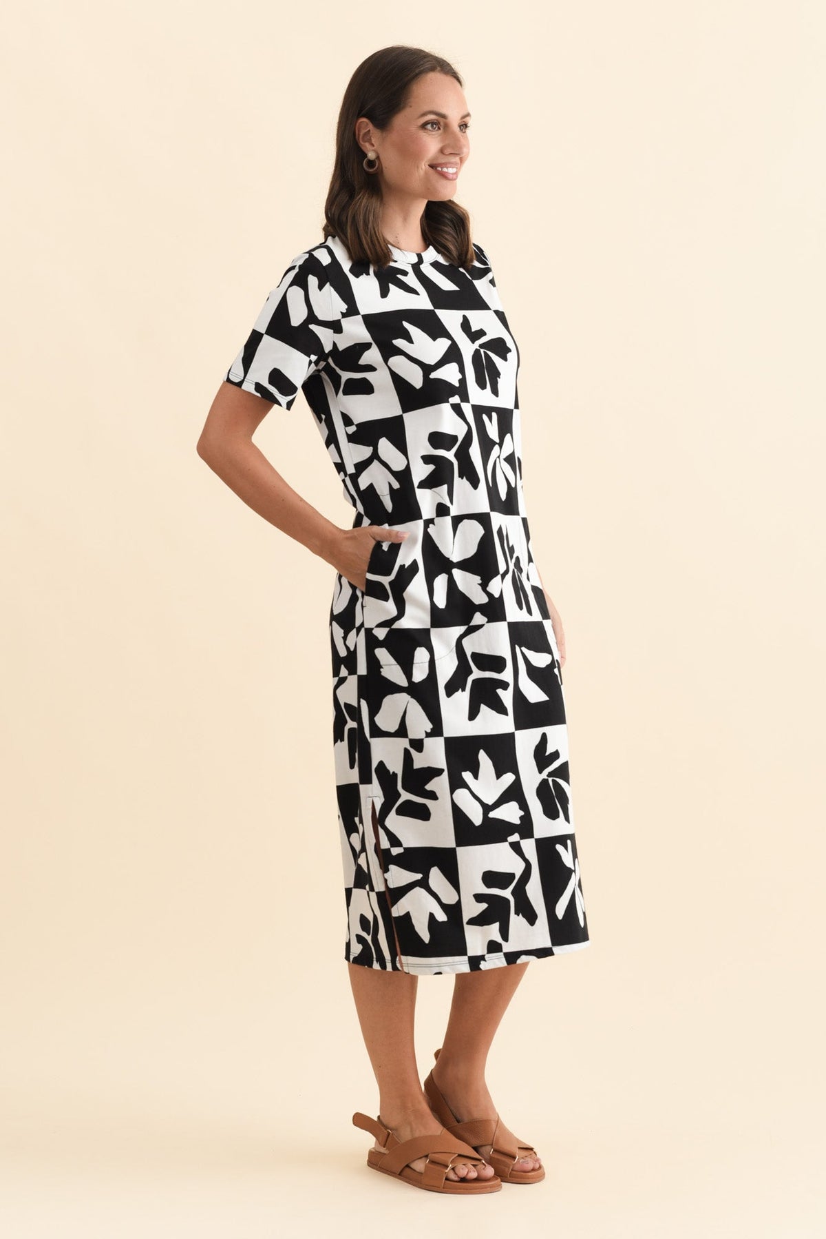 Splice Black Leaf Cotton Tee Dress Back View