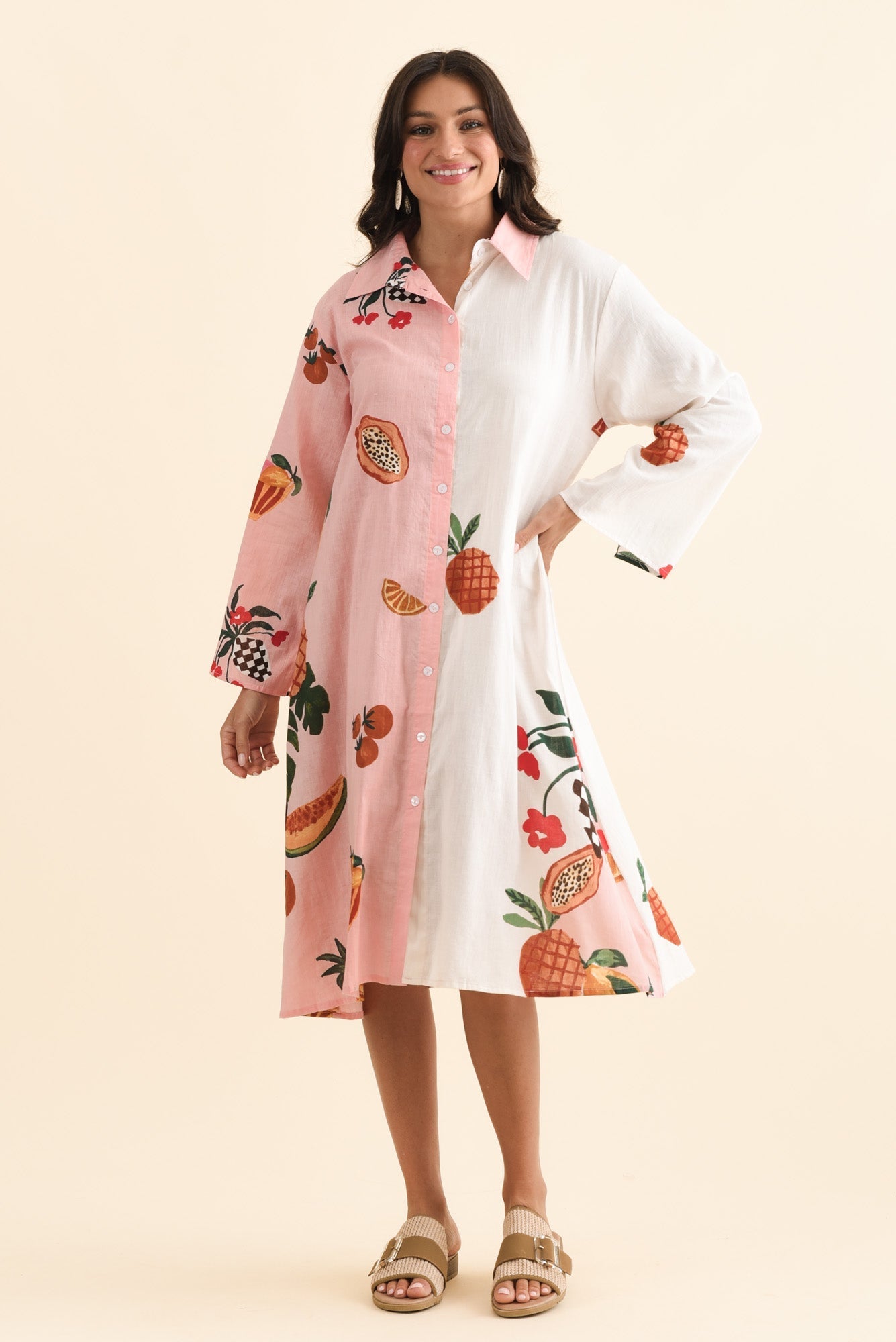 Stella Pink Fruity Cotton Shirt Dress Full Length View