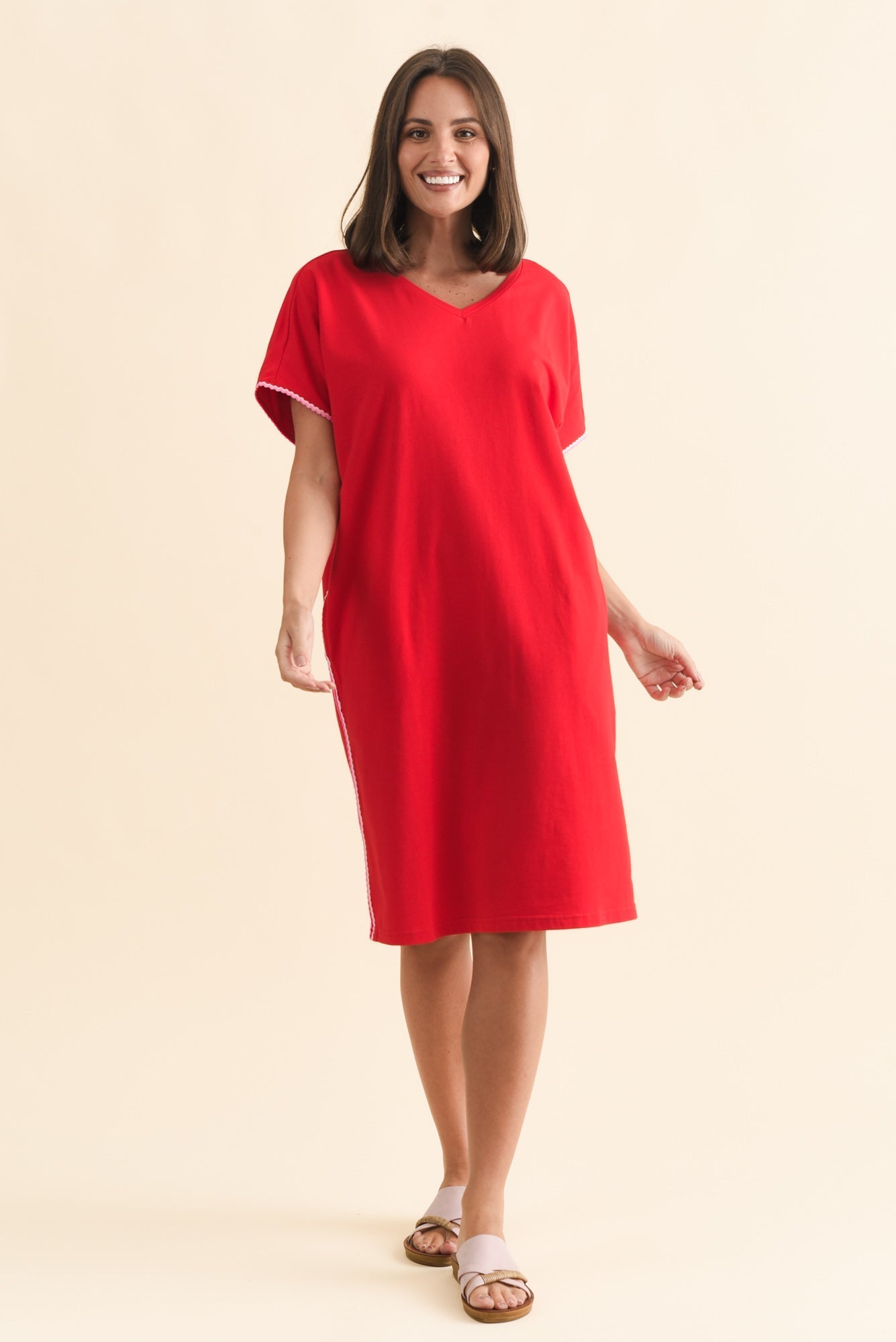 Stellar Red Contrast Cotton Tee Dress Front View