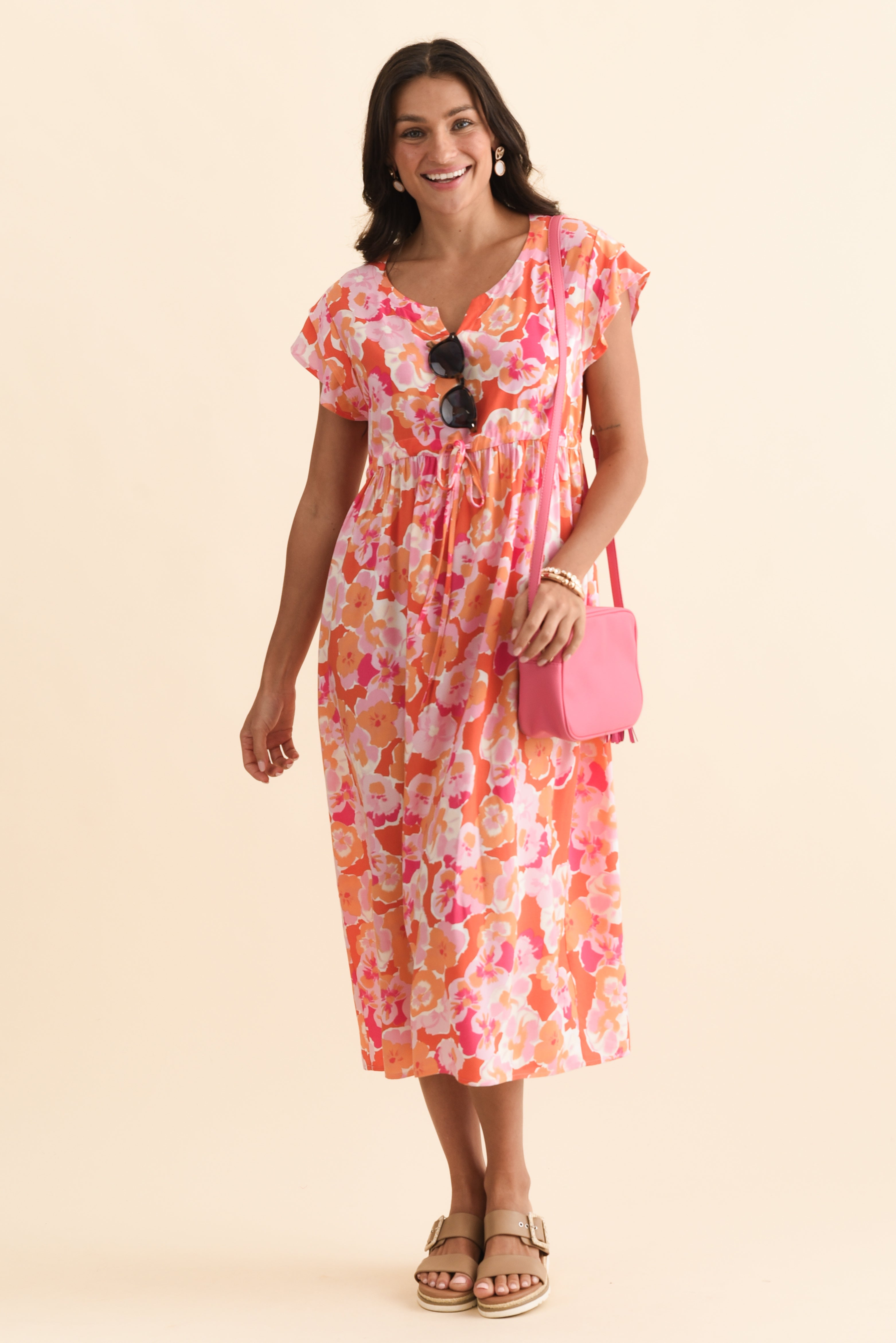 Suzette Orange Floral Midi Dress Front View 2