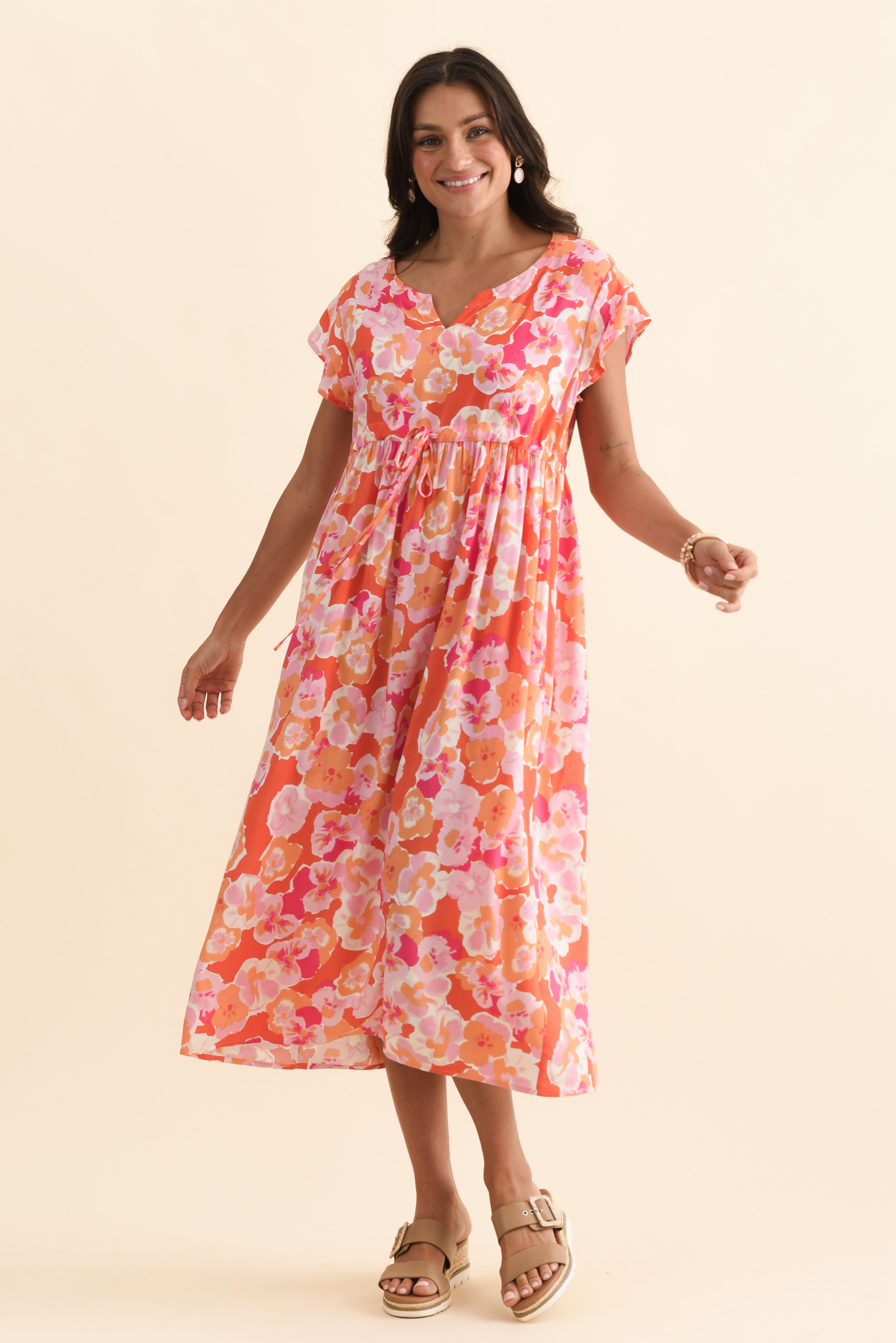 Suzette Orange Floral Midi Dress Front View