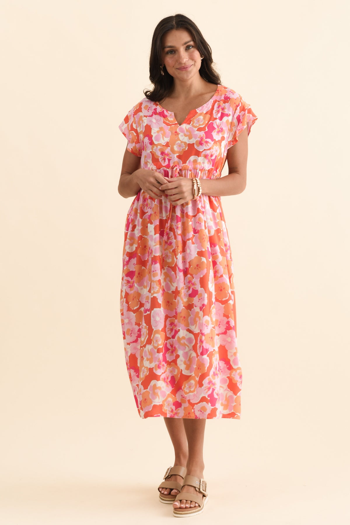 Suzette Orange Floral Midi Dress Full Length View