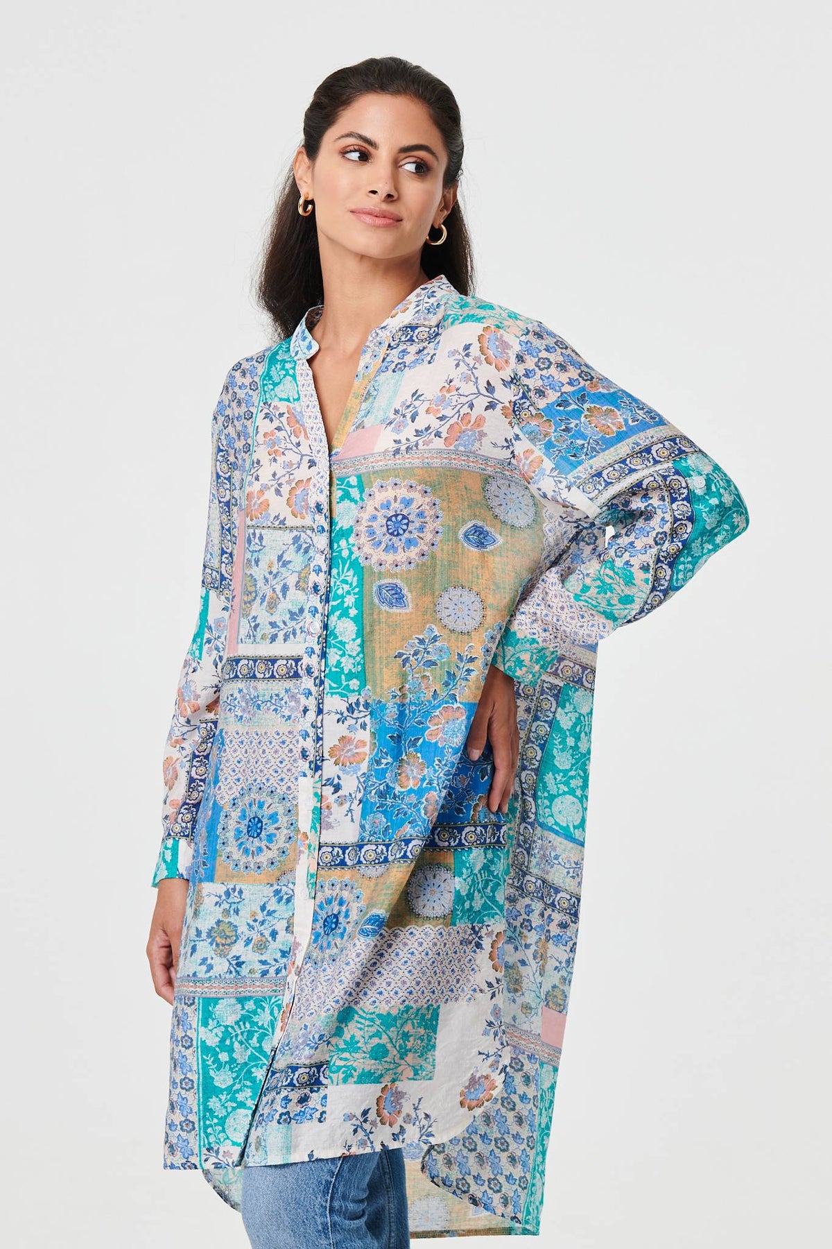 Patchwork Print Longline Tunic Shirt Styled View