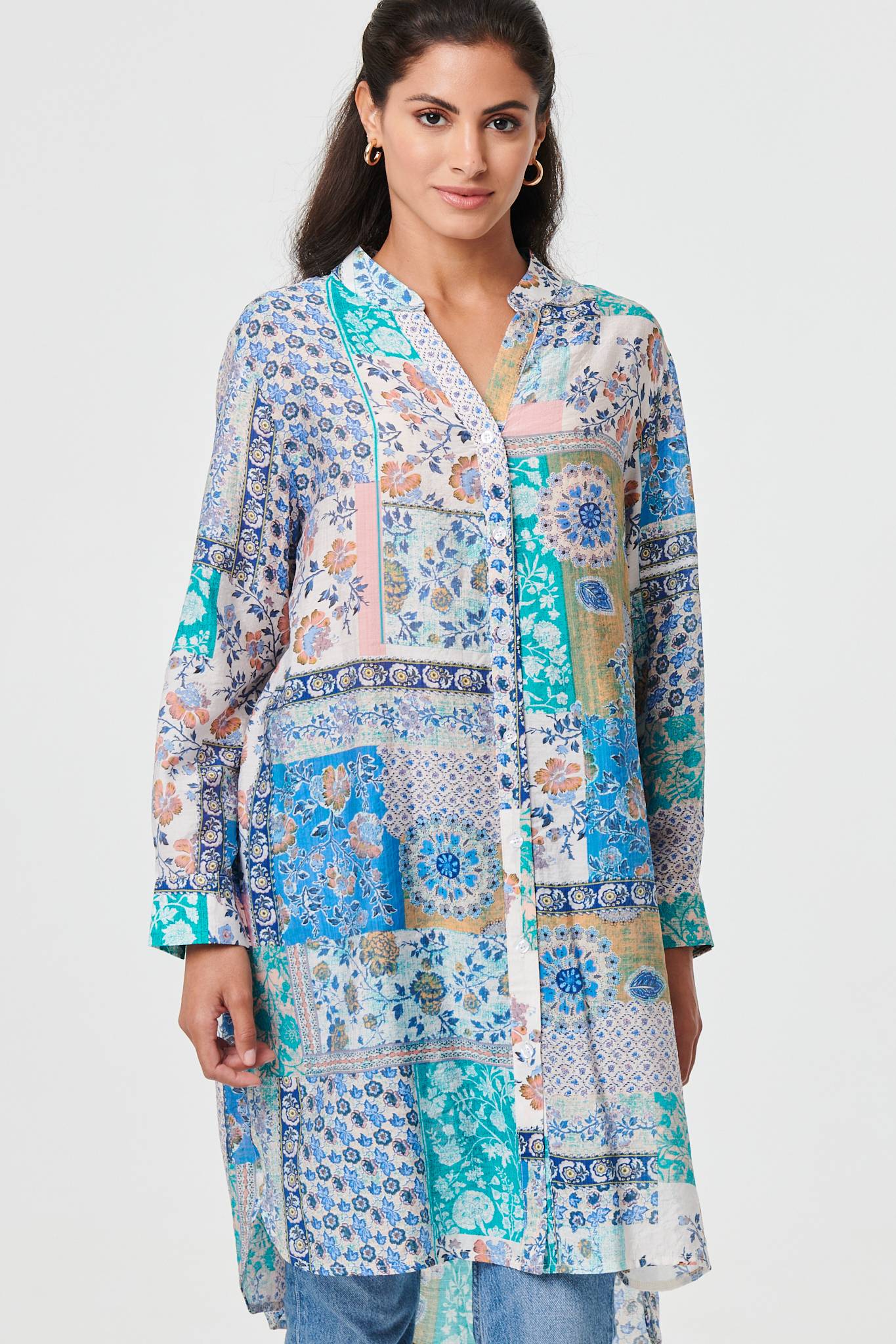 Patchwork Print Longline Tunic Shirt Front View