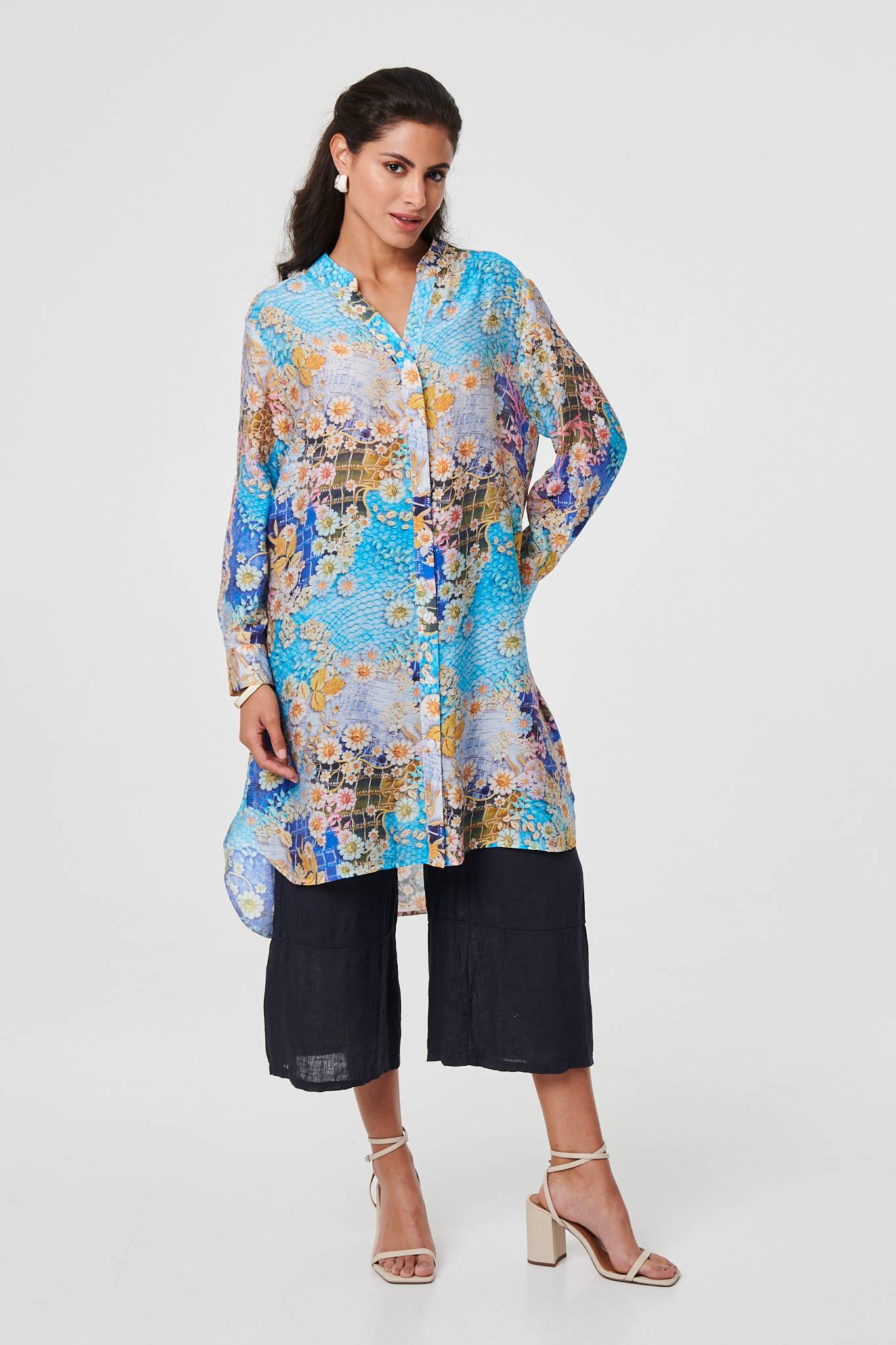 Floral Long Sleeve Longline Tunic Shirt Front View
